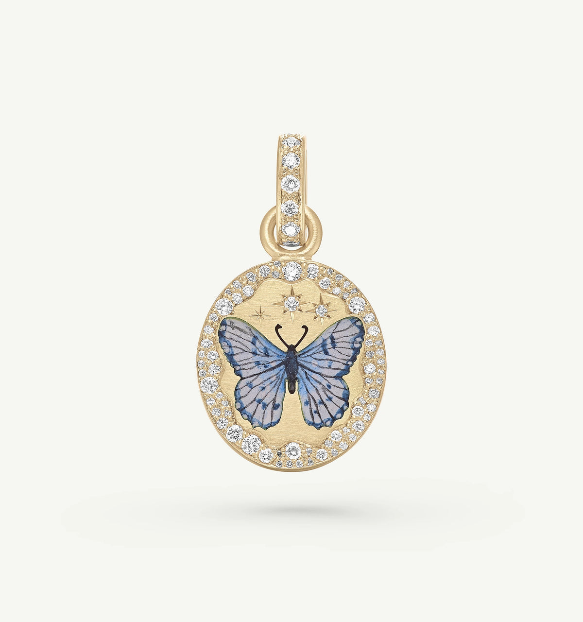 Gold pendant featuring a blue butterfly design and surrounding diamonds.