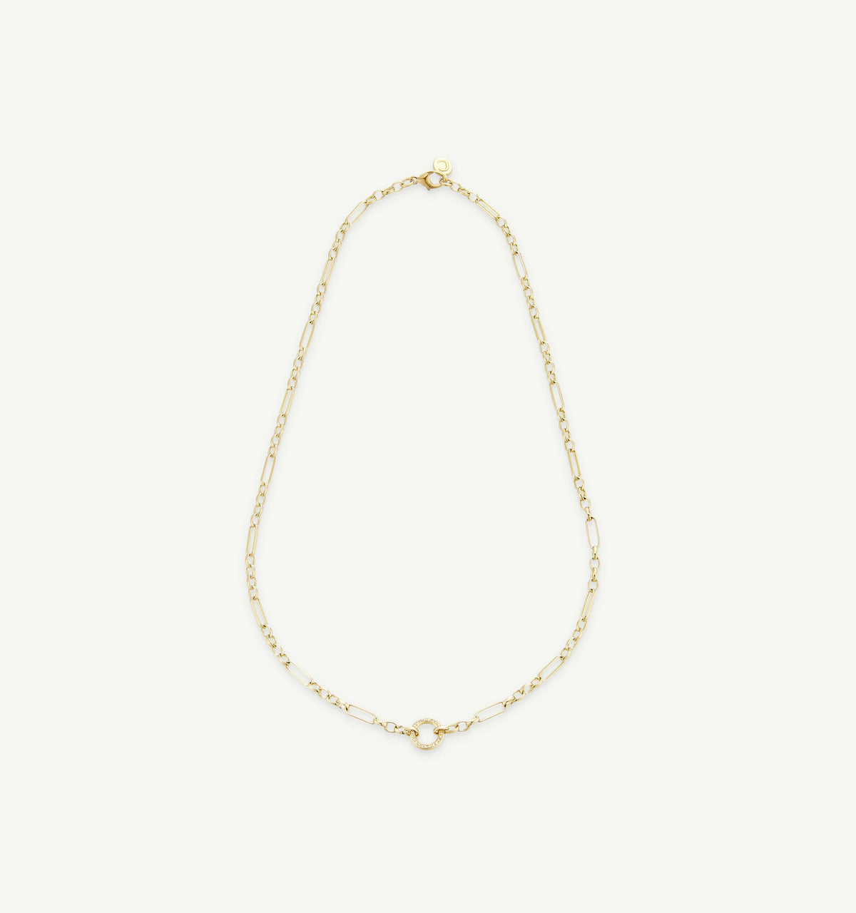 Gold chain necklace featuring an oval link design and a round clasp at the back.