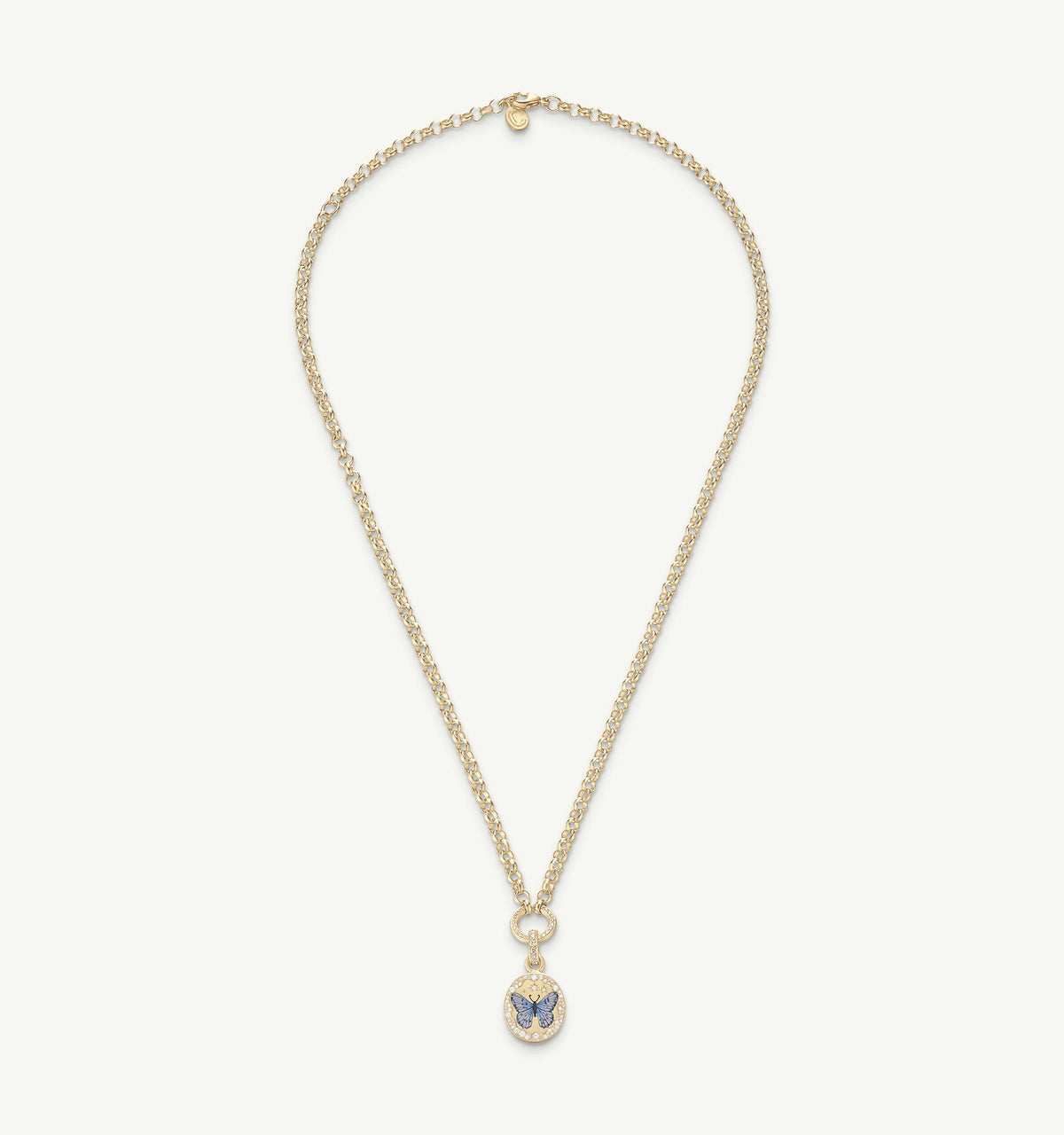 Gold necklace featuring a circular pendant with a butterfly design in enamel and blue accents.
