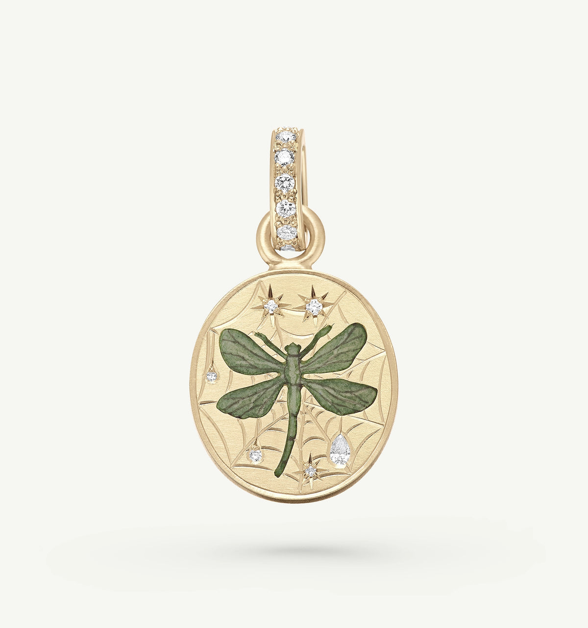 Gold pendant featuring an engraved dragonfly motif with diamond accents.