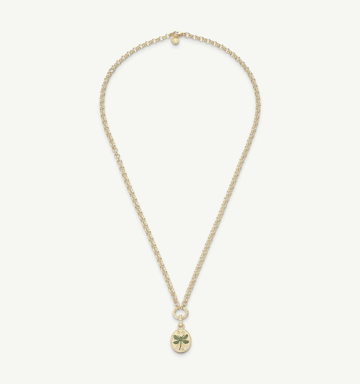 Gold chain necklace featuring a round pendant with an engraved leaf design in green enamel.