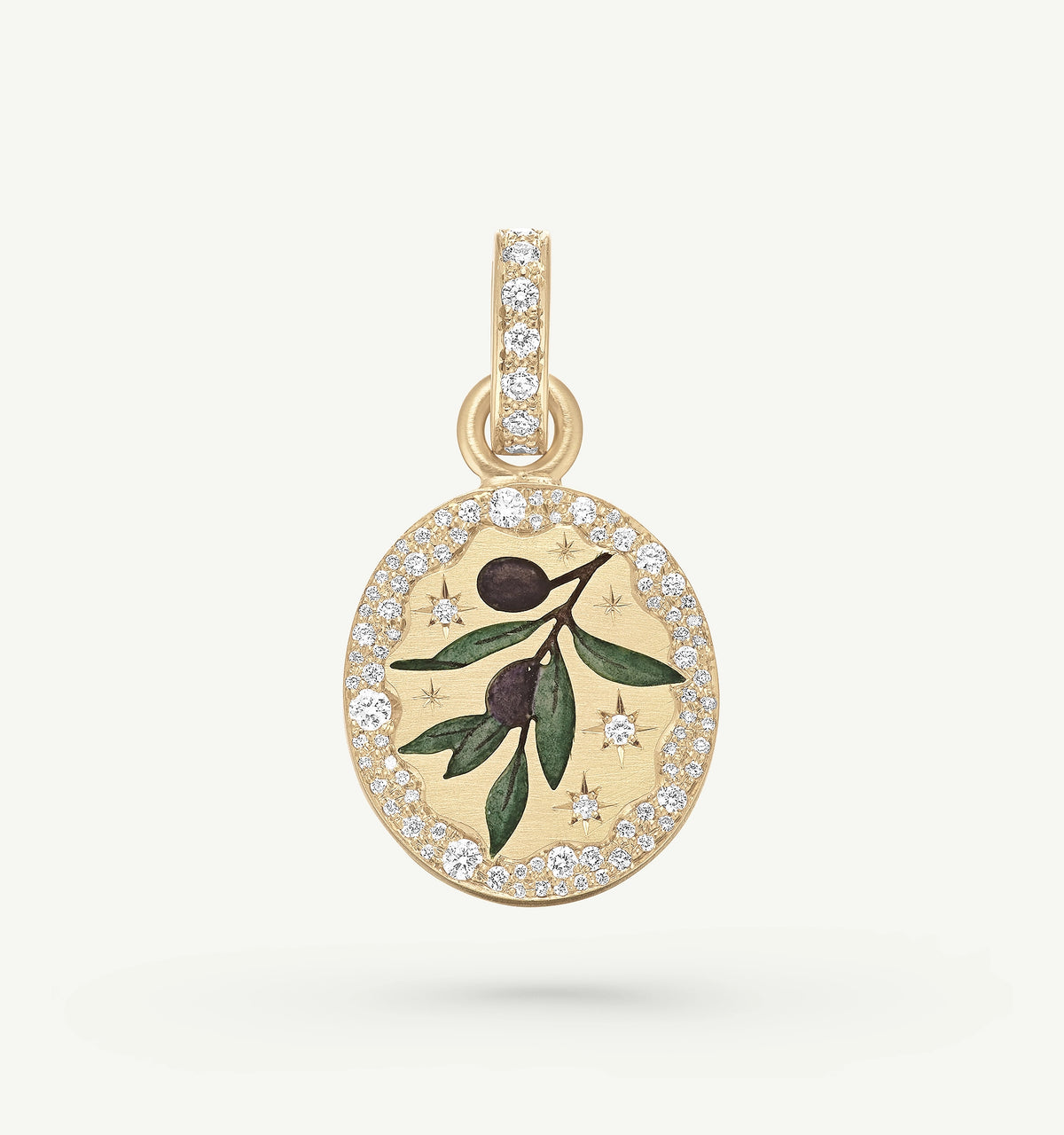 Gold pendant featuring an olive branch with enamel details and a halo of diamonds.