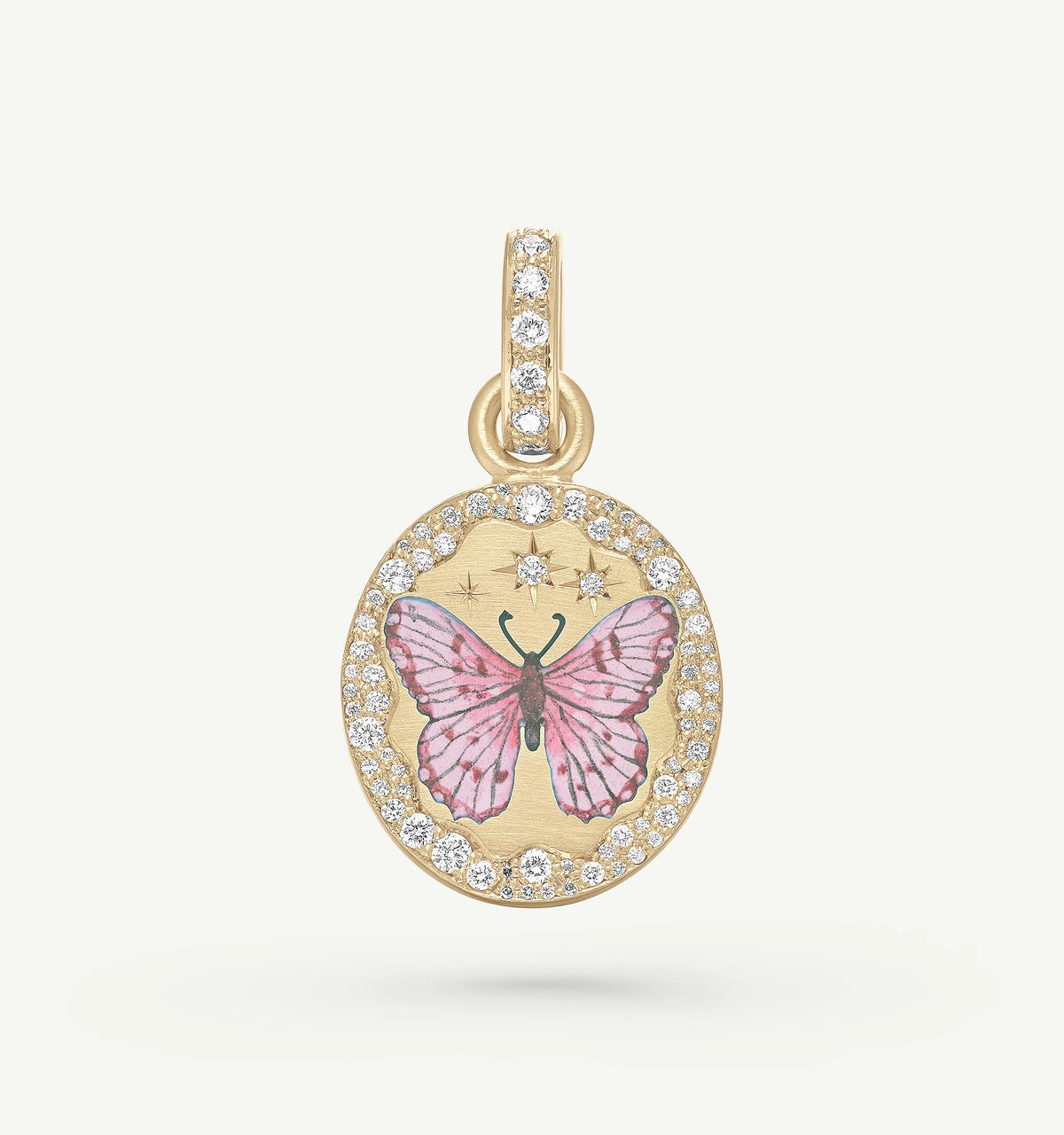 Gold pendant featuring a pink butterfly design with star motifs and a halo of diamonds.