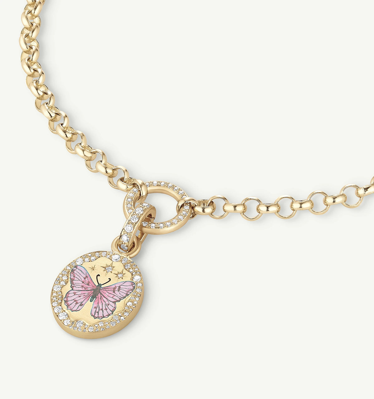 Gold chain necklace featuring a butterfly pendant with pink enamel and round diamonds.
