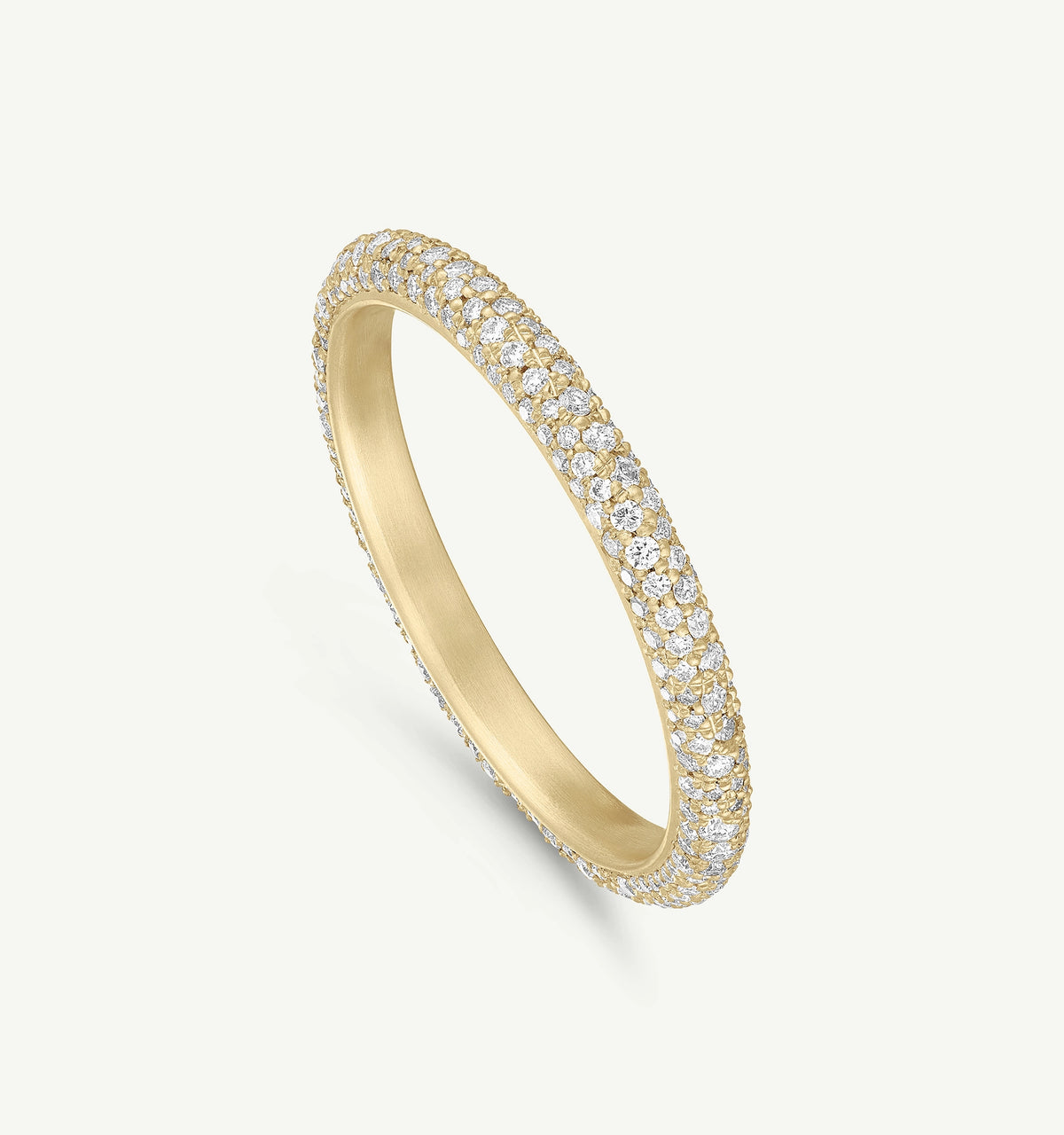 Gold ring featuring multiple diamonds set in a continuous row around the band.