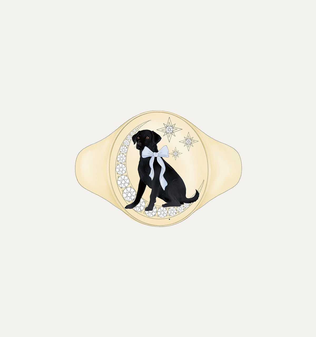Gold ring featuring a black dog illustration with a white bow surrounded by stars and a crescent moon design.