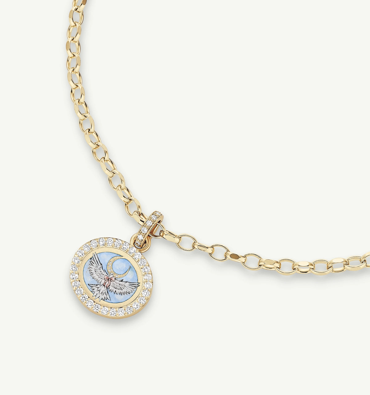 Gold necklace featuring an enamel pendant with an eagle design surrounded by diamonds.