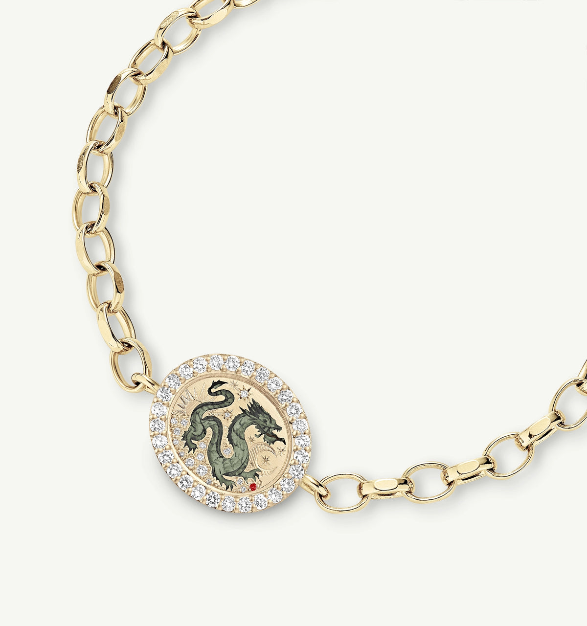 Gold bracelet featuring a dragon motif in enamel, surrounded by round diamonds along the oval pendant.