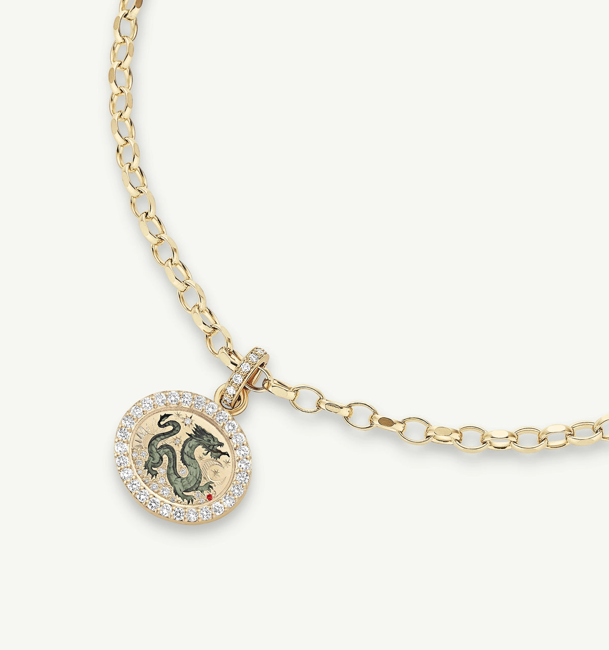 Gold necklace featuring a pendant with a dragon design and a surrounding row of diamonds.