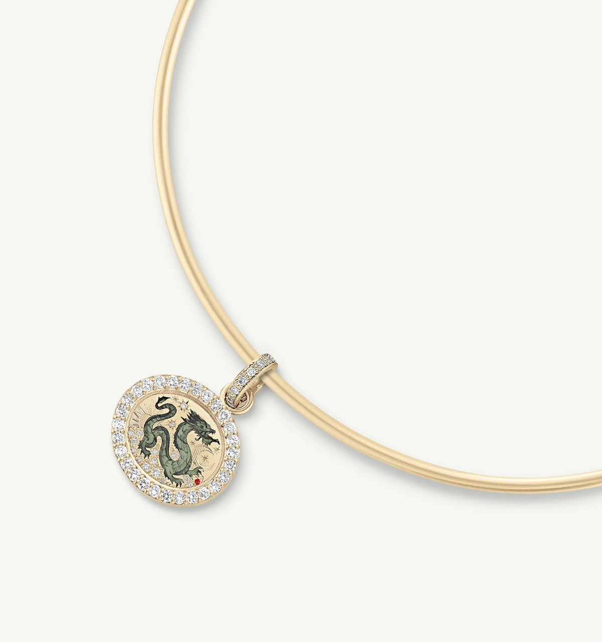 Gold necklace featuring a dragon pendant with enamel detailing surrounded by diamonds.