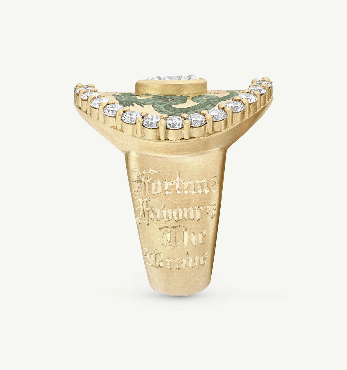 Gold ring with engraved text and green enamel design, featuring a row of diamonds along the top edge.