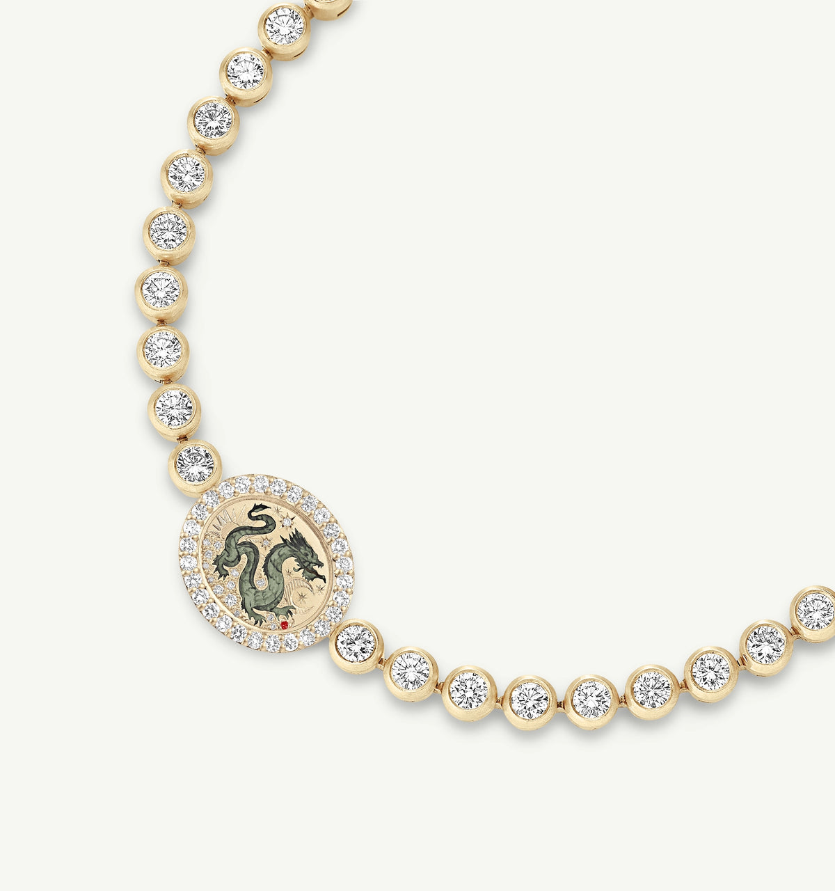 Gold necklace featuring a dragon motif in enamel and round diamonds encircling the design.