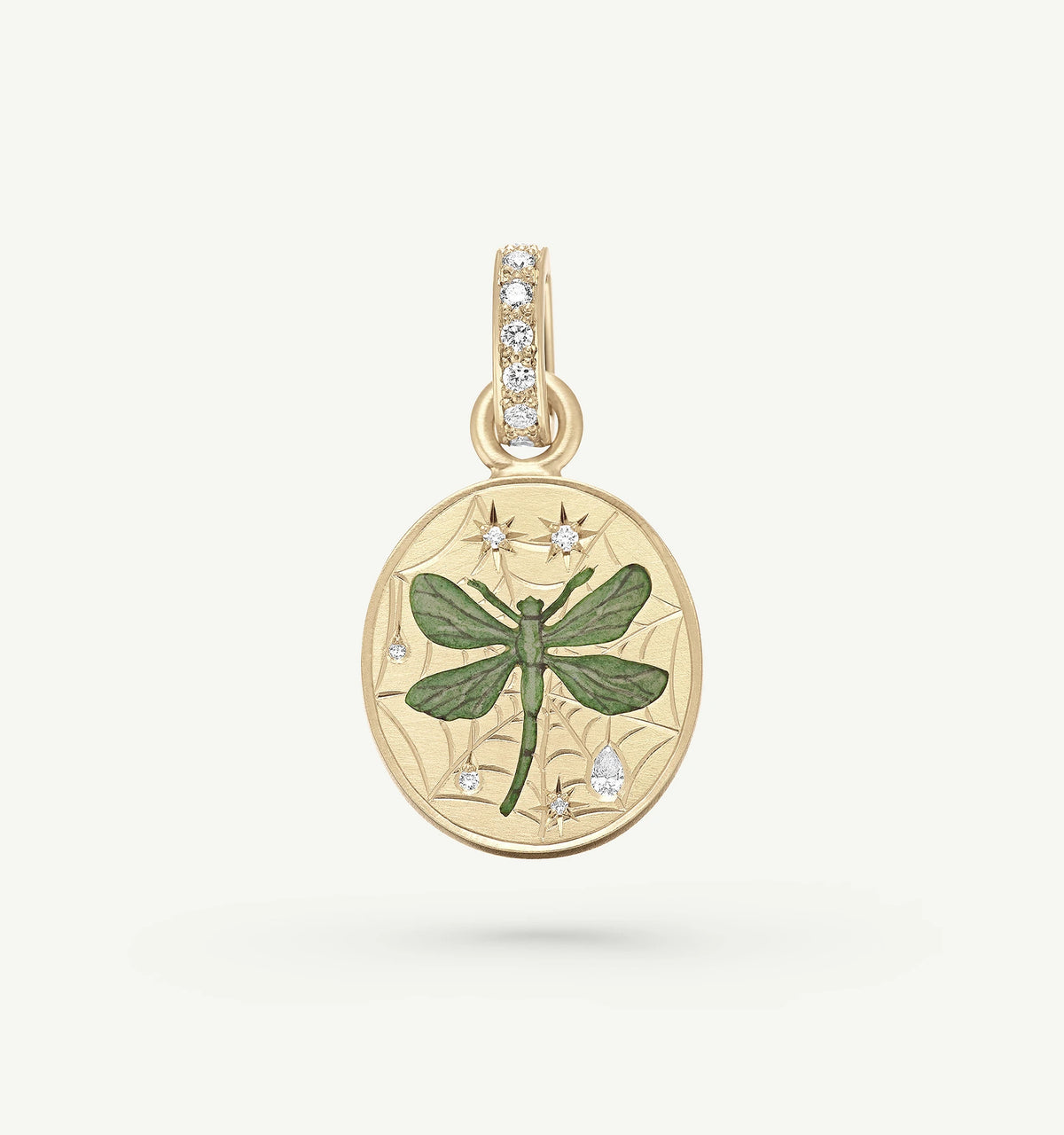 Gold pendant featuring a dragonfly in enamel with diamond accents.