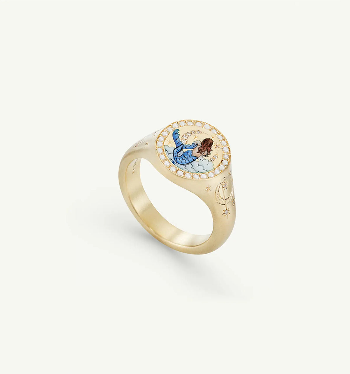 Gold ring featuring a hand-painted design of a woman sitting on clouds, outlined with small gold details.