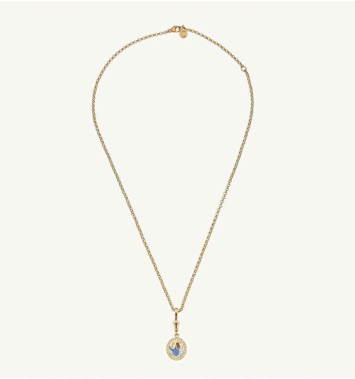 Gold pendant necklace featuring a blue enamel motif and decorative accents.