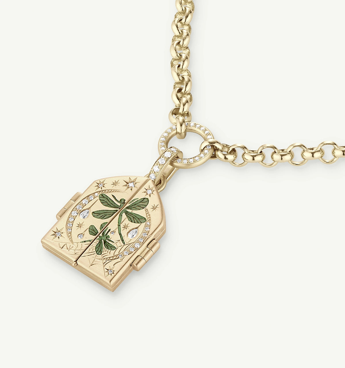 Gold pendant locket with engraved green leaves and decorative accents, hanging from a gold chain.