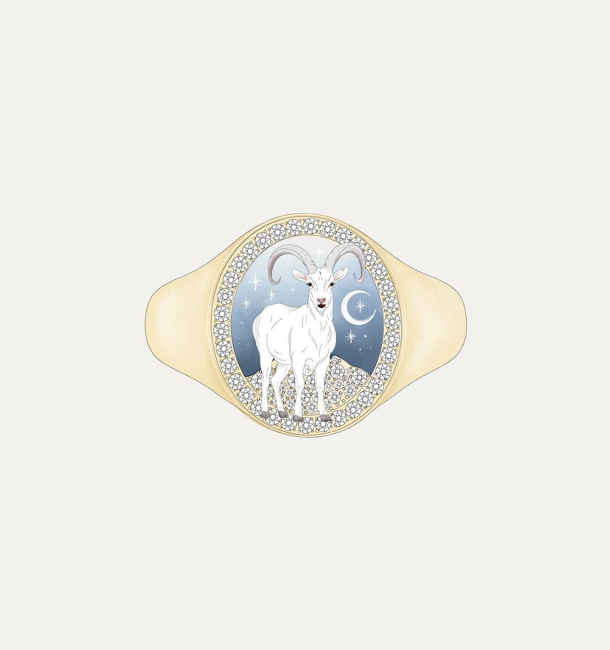 Gold ring featuring an engraved ram design surrounded by stars and a crescent moon.