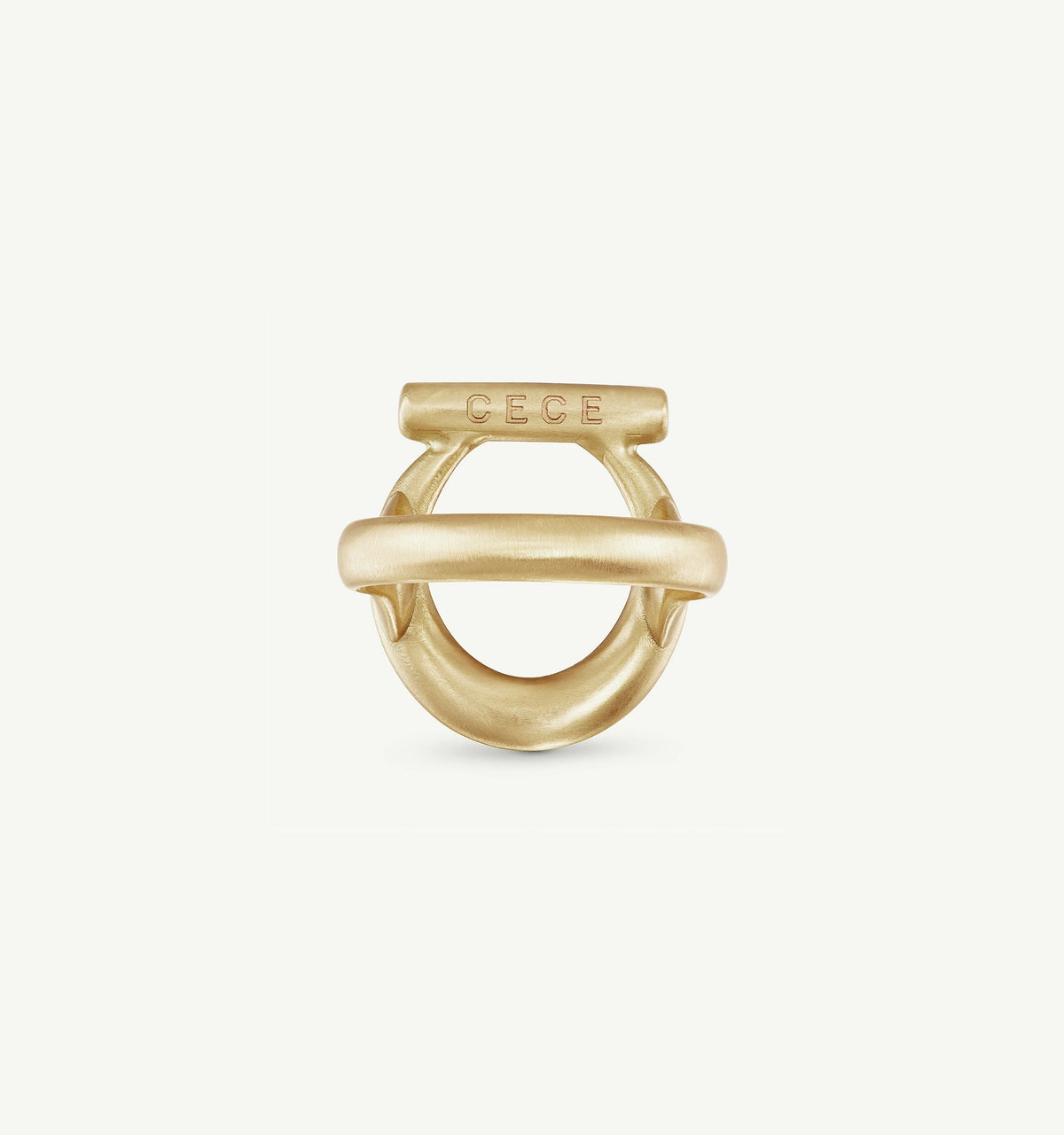 Gold ring with a textured finish and engraved 'CECE' detail.