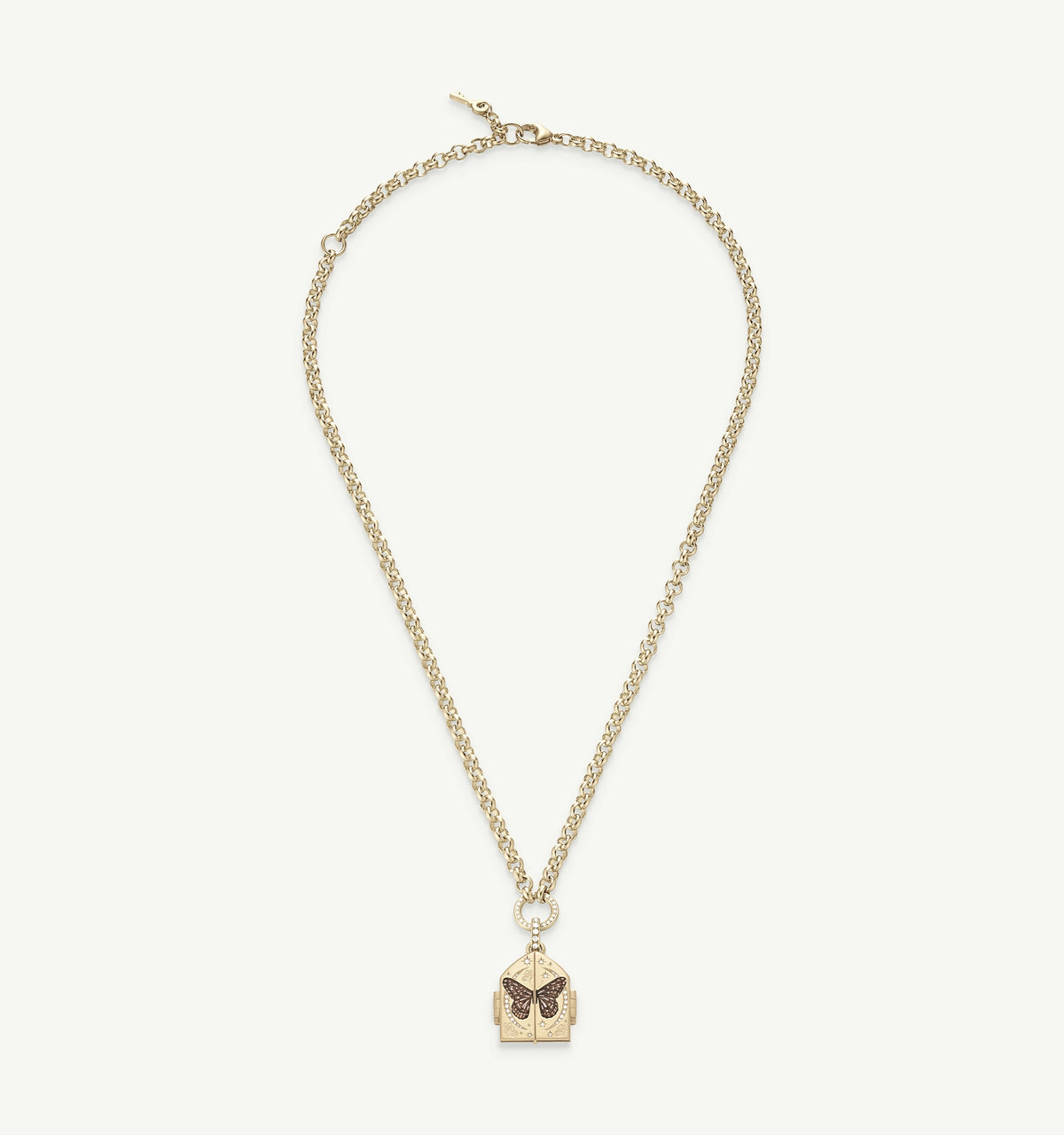 Gold necklace featuring a butterfly pendant with intricate detailing on a delicate chain.