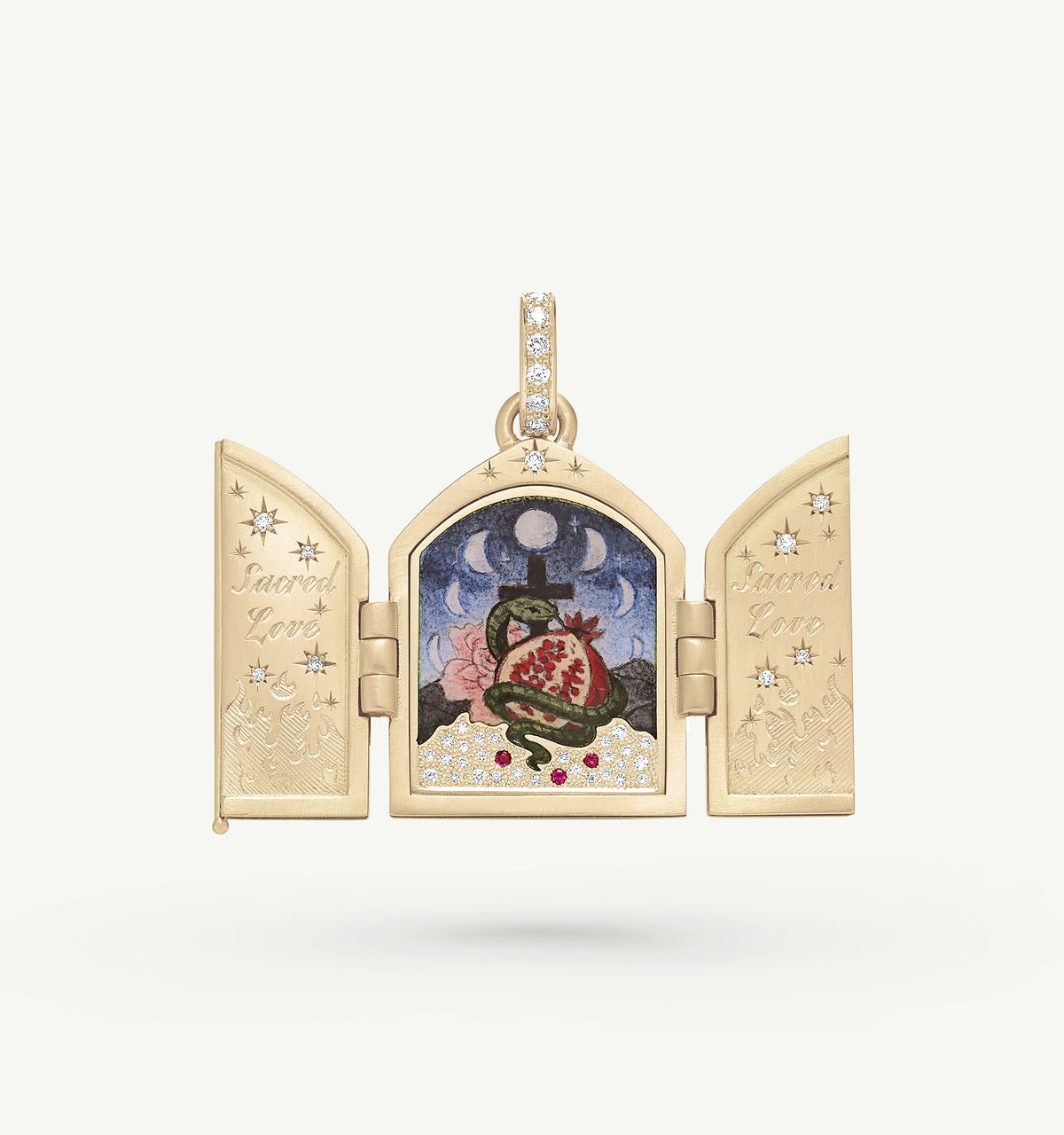 Gold locket pendant featuring a painted floral design and engraved details, with a diamond-encrusted bail.