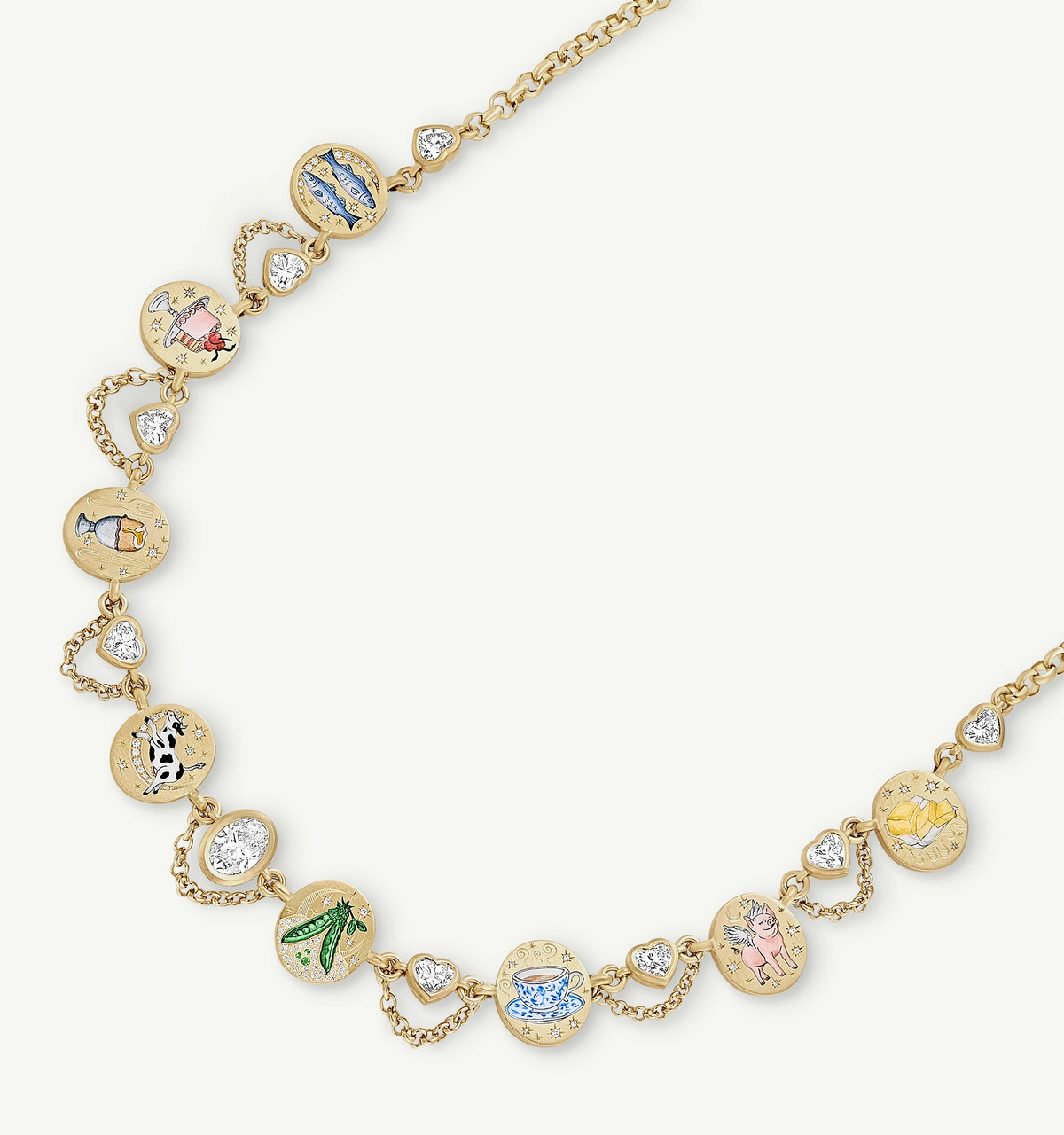 Gold necklace featuring multiple circular charms with colourful enamel designs and heart-shaped accents.