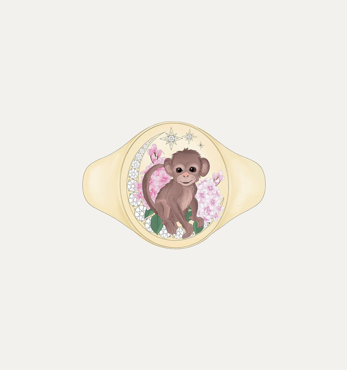 Gold ring featuring a monkey design surrounded by pink flowers and geometric patterns.