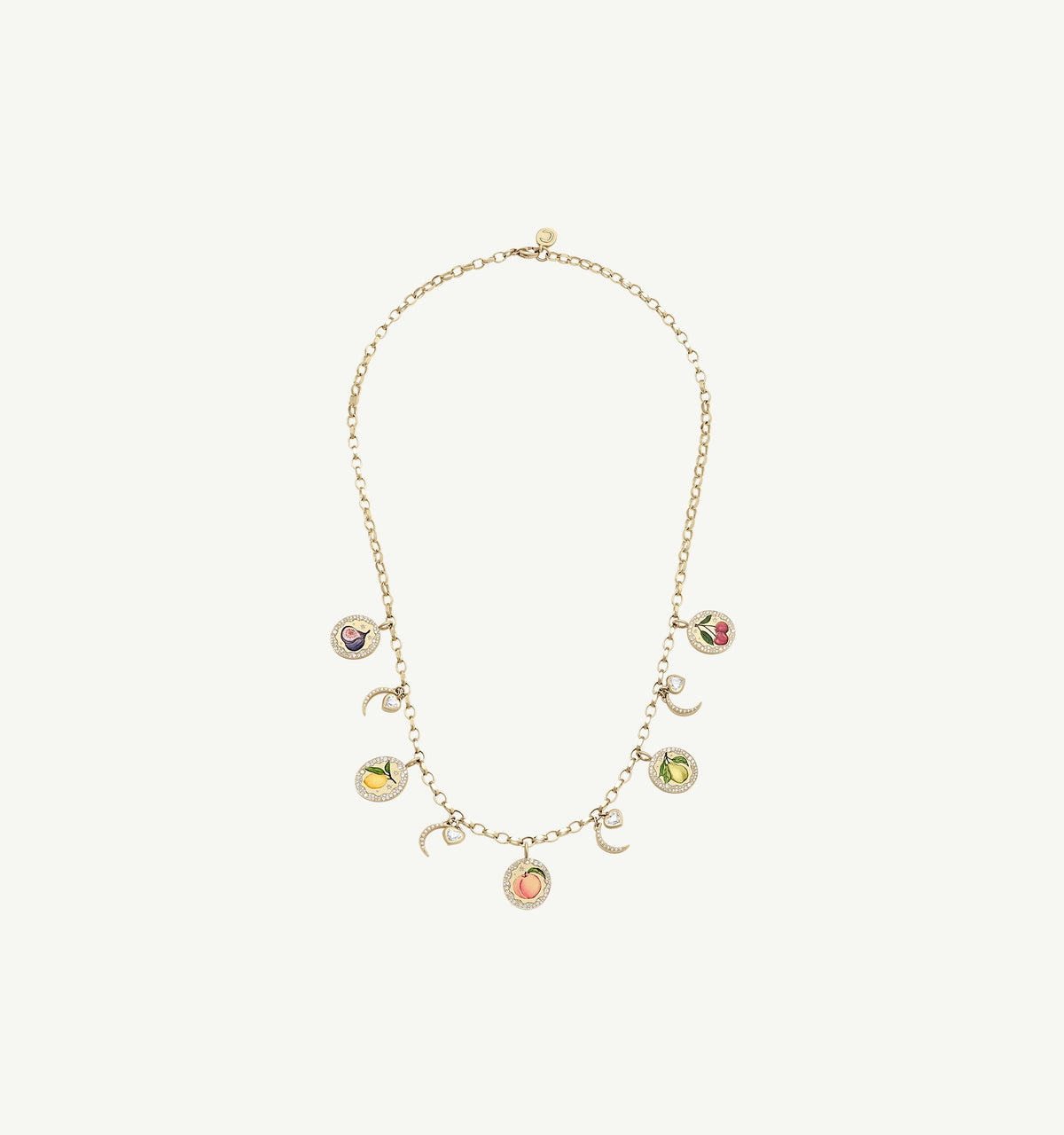 Gold necklace featuring colourful enamel charms shaped like fruits and moons.