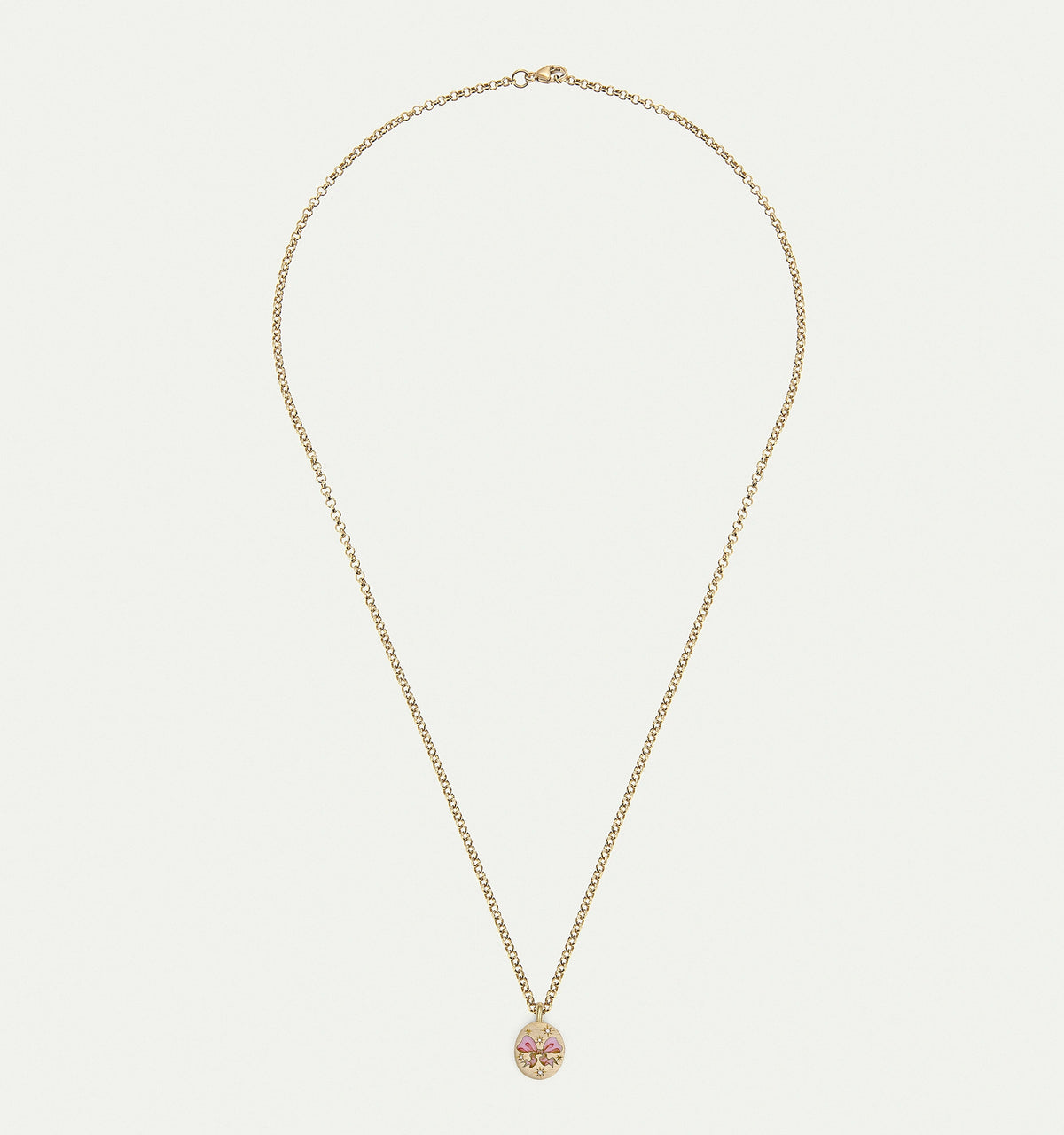 Gold pendant necklace featuring an enamel design in pink and gold on a delicate chain.