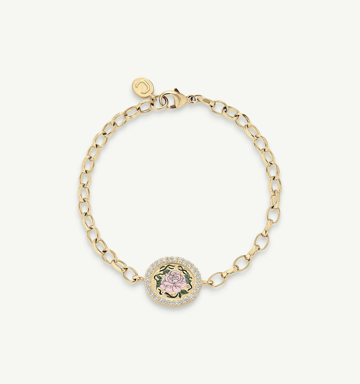 Gold bracelet featuring a pink rose in enamel and a halo of pavé-diamond.