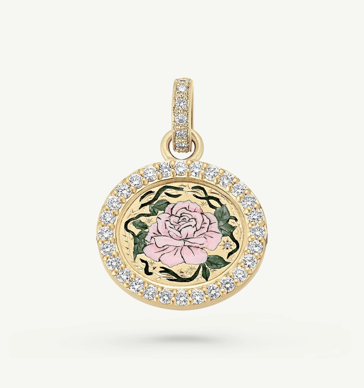 Gold pendant featuring a pink rose in enamel, surrounded by a circular border of diamonds.