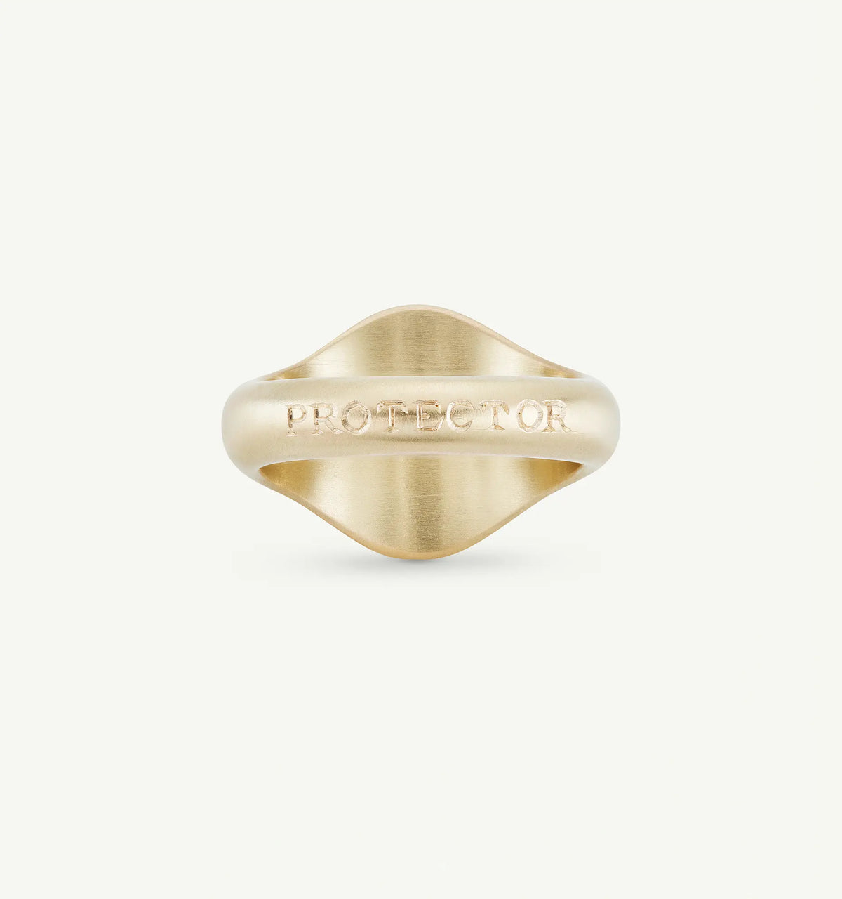 Gold ring with a brushed finish and the word "PROTECTOR" engraved on the band.