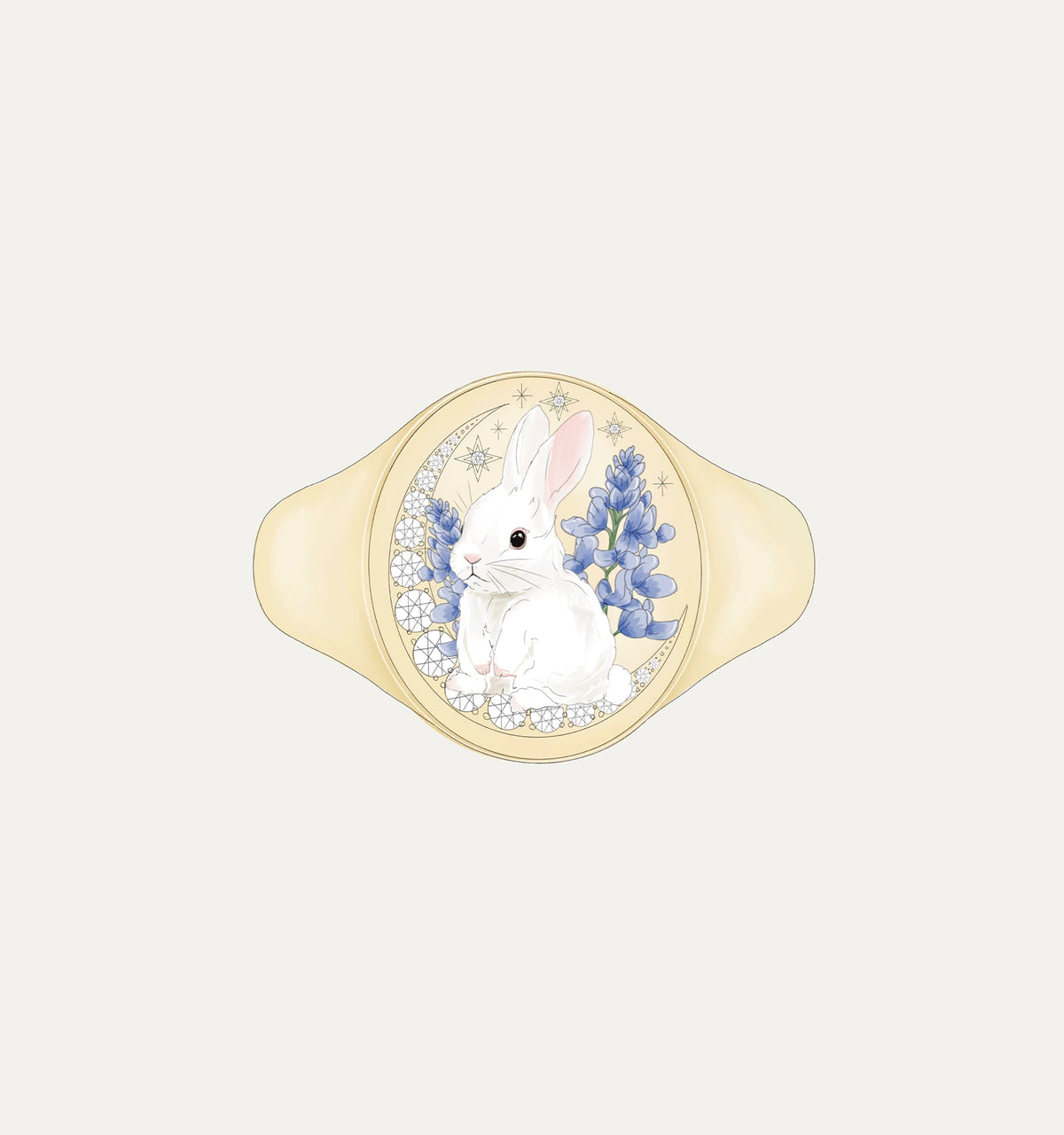 Gold bracelet featuring a rabbit and blue flowers in enamel detail.