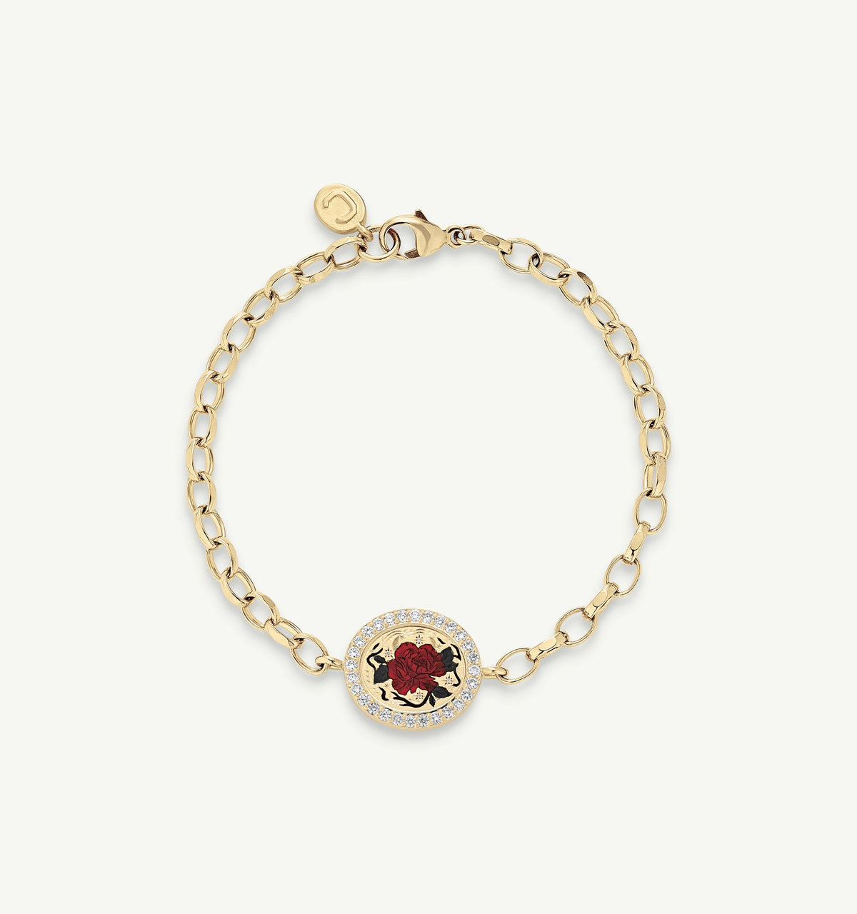 Gold bracelet featuring a circular charm with a red rose image in enamel and a halo of pavé-diamond.