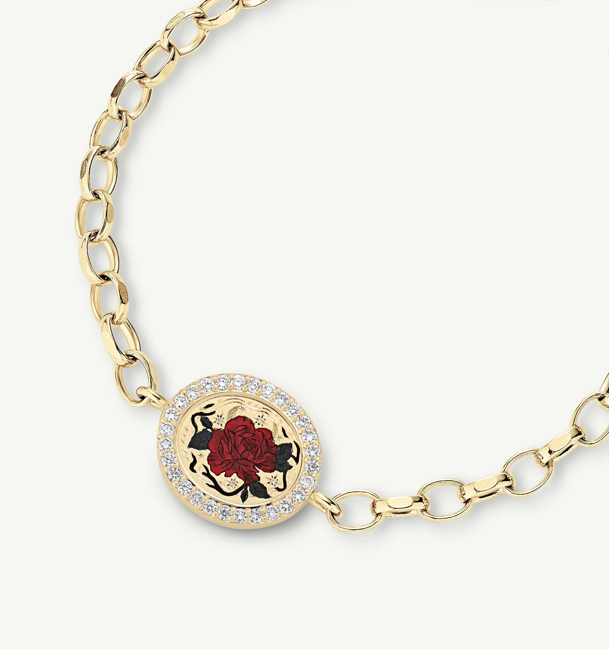 Gold bracelet featuring a red rose in enamel surrounded by a halo of diamonds on a linked chain.