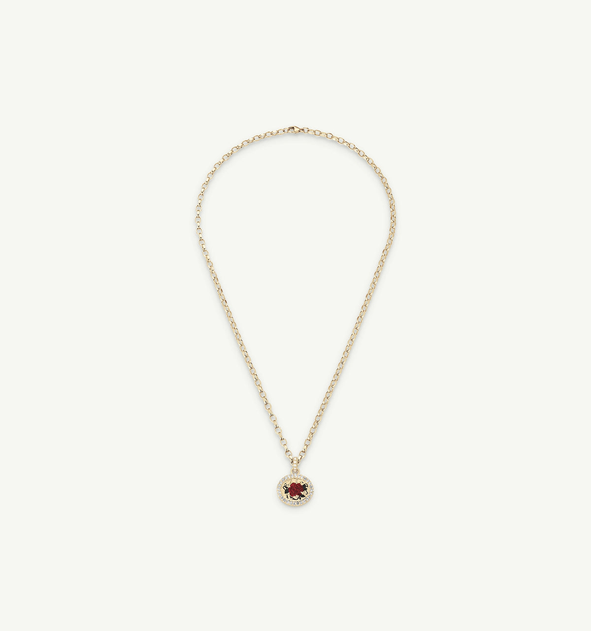 Gold necklace featuring a pendant with a rose motif, surrounded by gold and white accents.