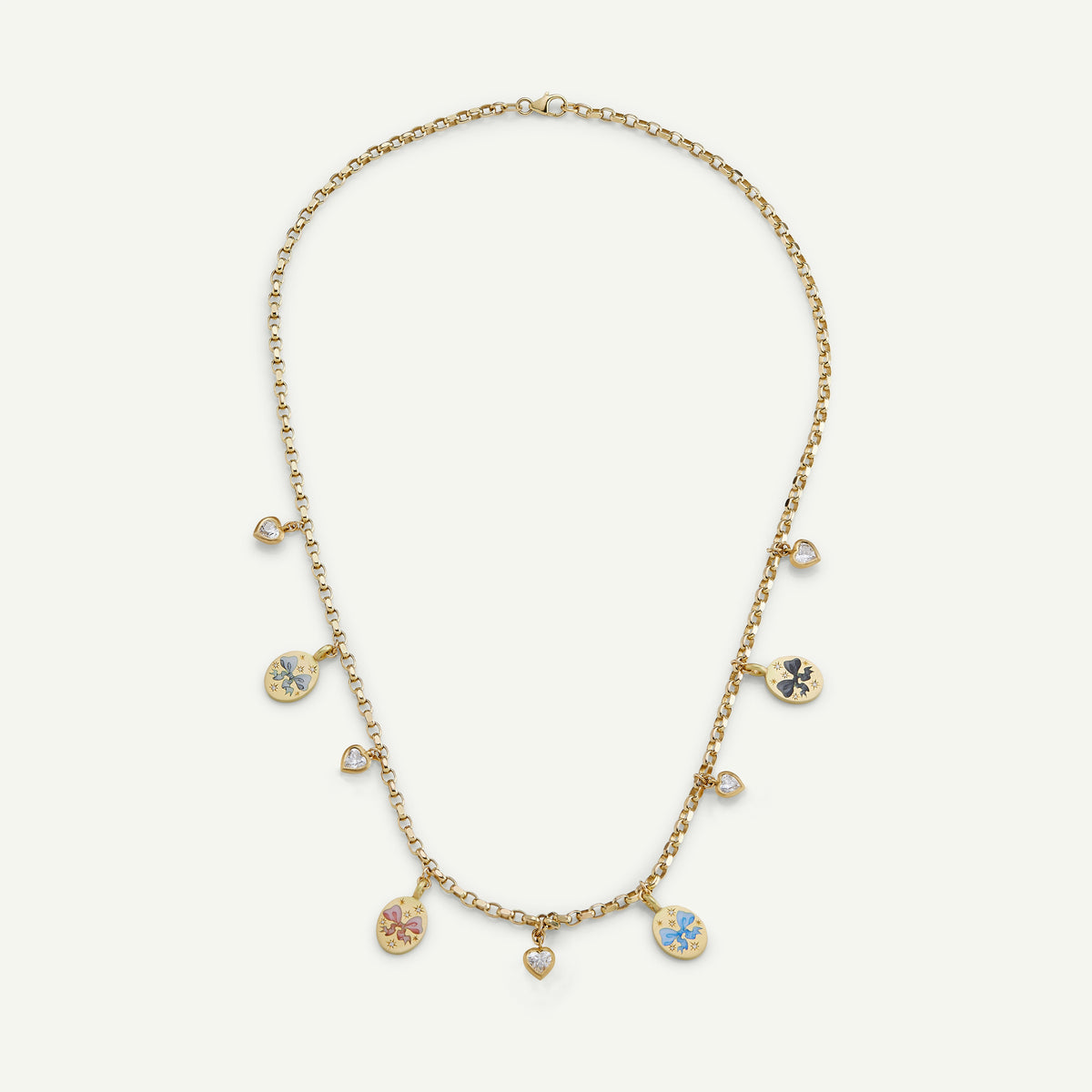 Gold necklace with coloured enamel charms and small diamond-like accents.