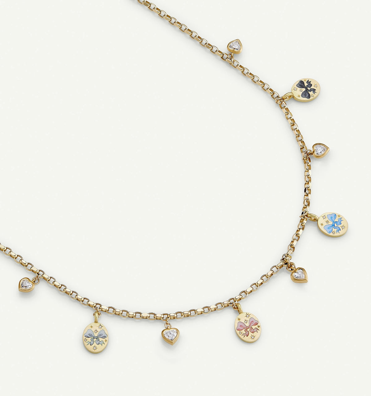 Gold necklace with colourful enamel charms and small clear diamonds on a delicate chain.