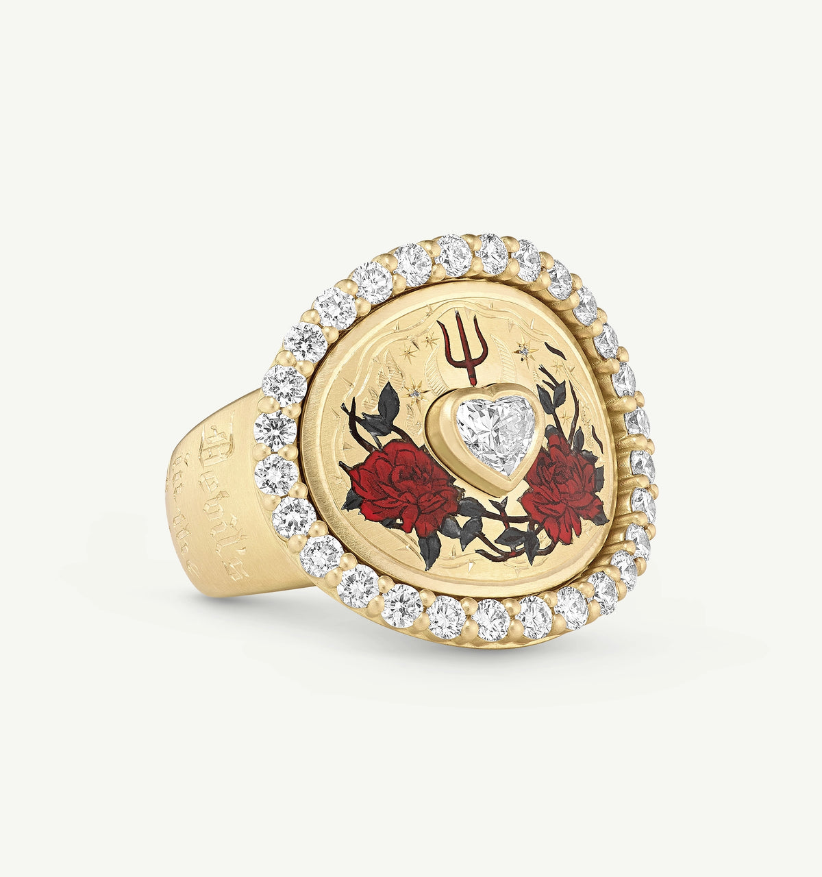 Gold ring featuring red roses with a heart-shaped diamond and surrounding diamonds.