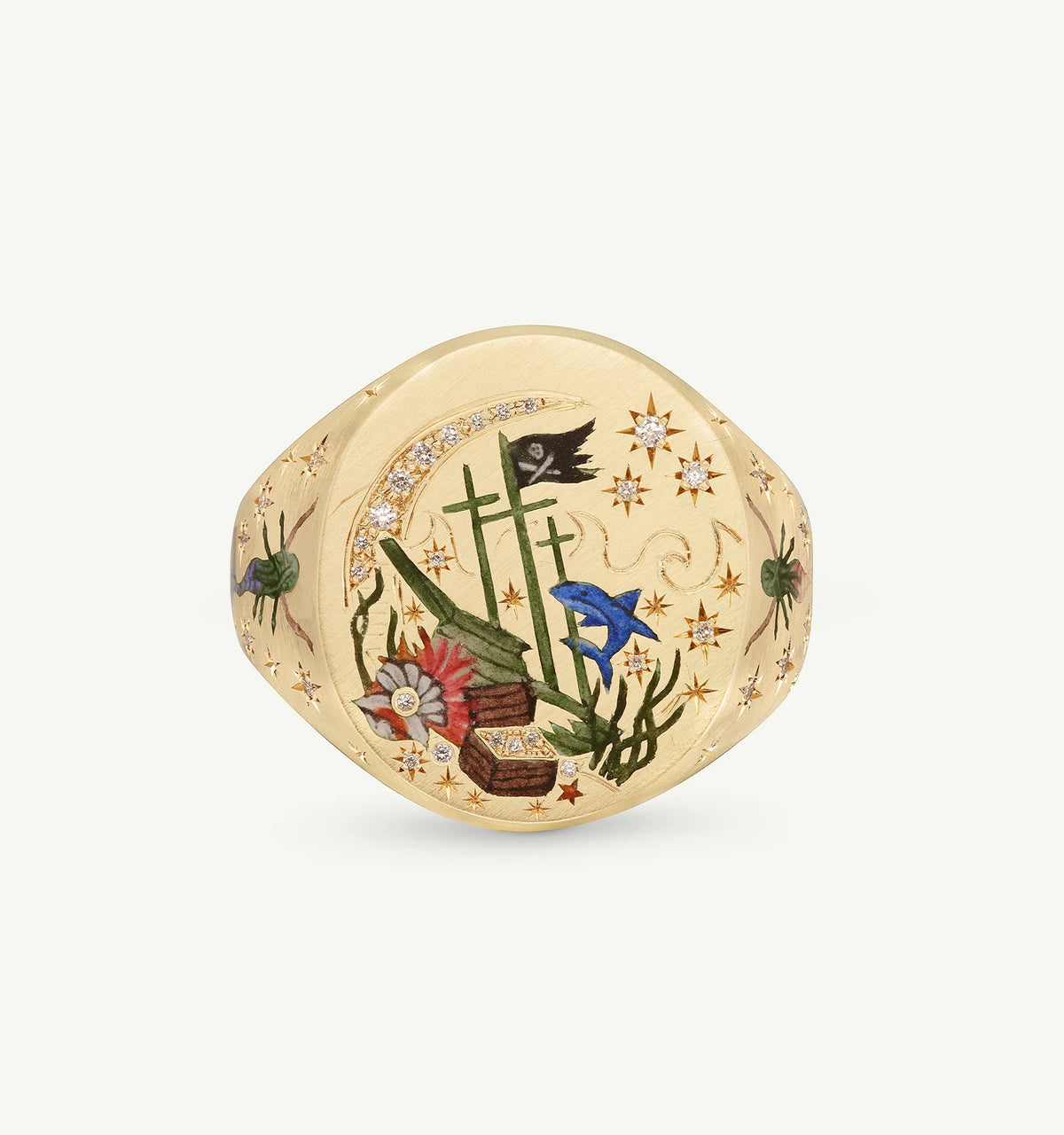 Gold ring featuring intricate enamel art of plants, flowers, and marine elements, adorned with diamonds.