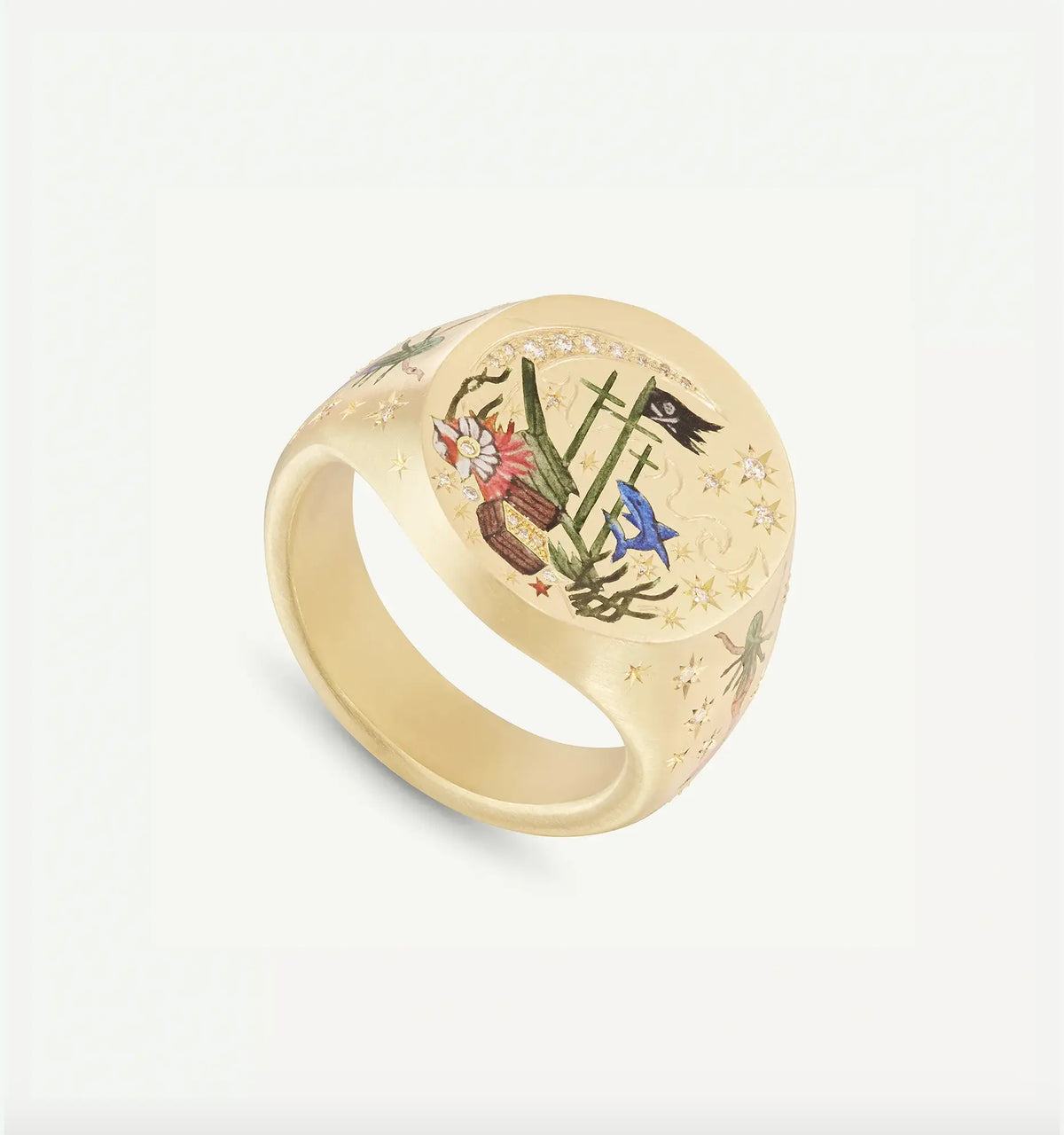 Gold ring featuring colourful enamel designs of flowers and crosses, with small diamond accents throughout the surface.