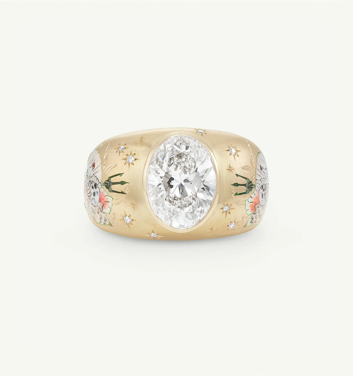 Gold ring featuring an oval diamond centre and floral enamel designs on the band.