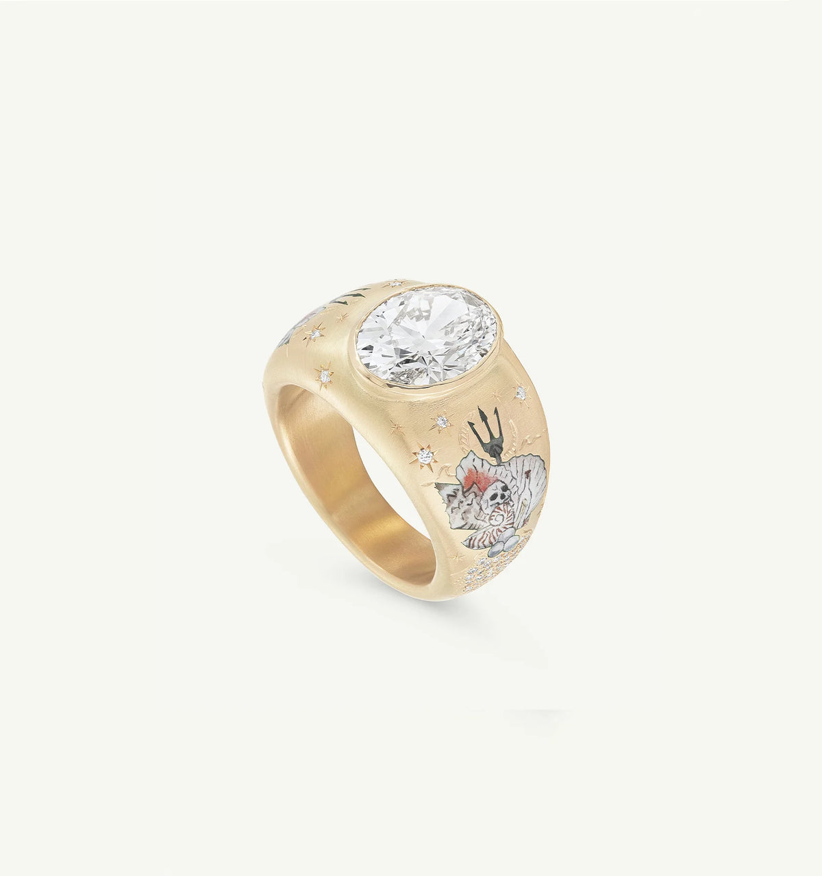 Gold ring featuring a large round diamond and intricate enamel designs of a tiger and trident.
