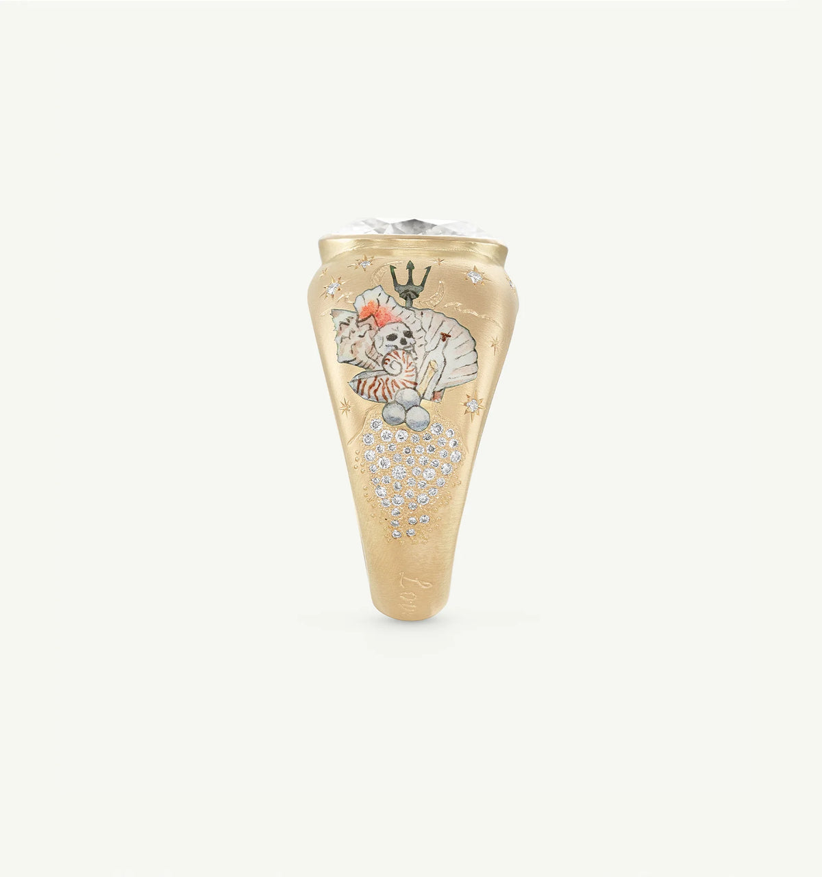 Gold ring featuring intricate enamel design with colourful elements and diamond accents.
