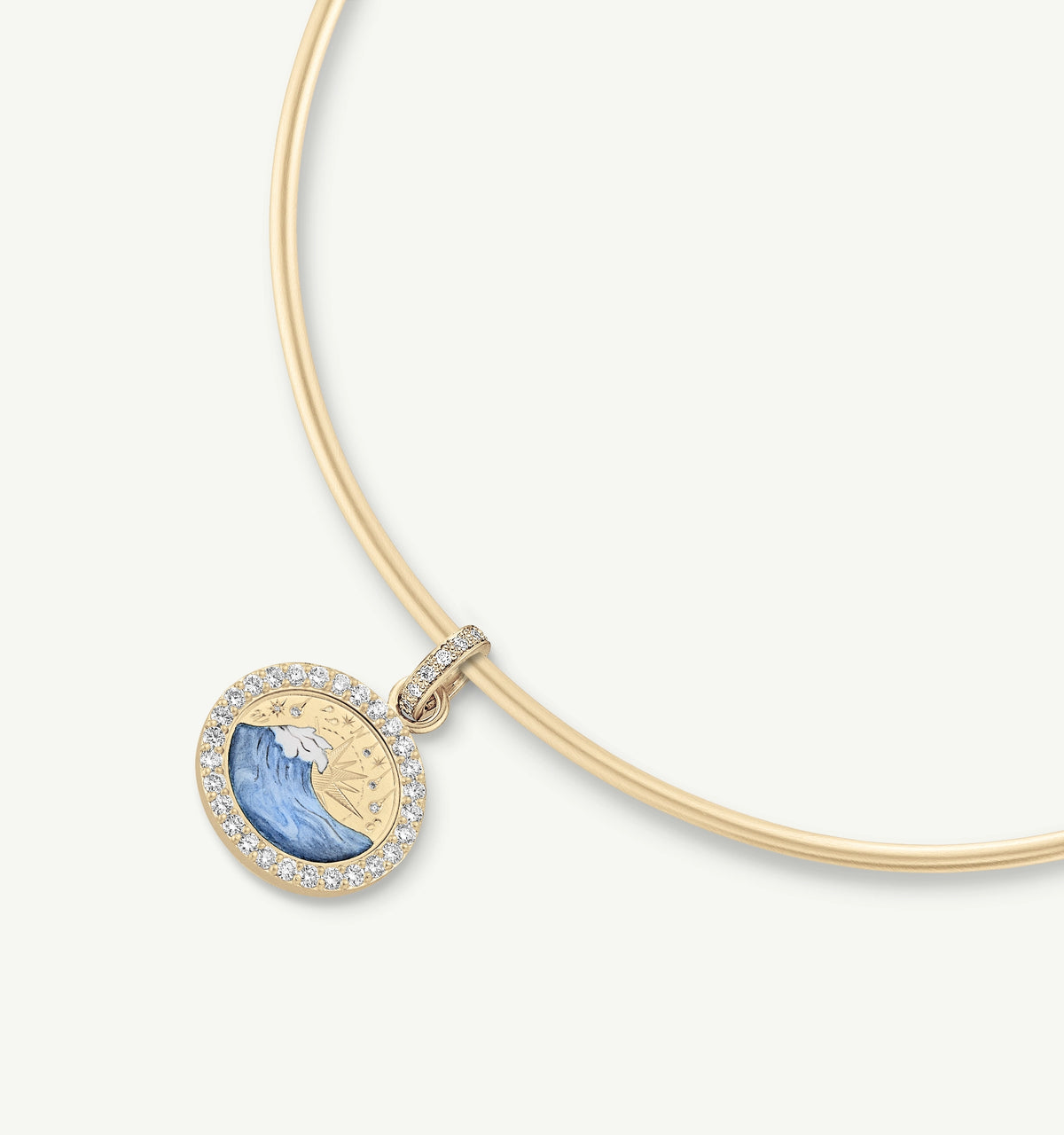 Gold necklace featuring an enameled wave pendant surrounded by diamond accents.