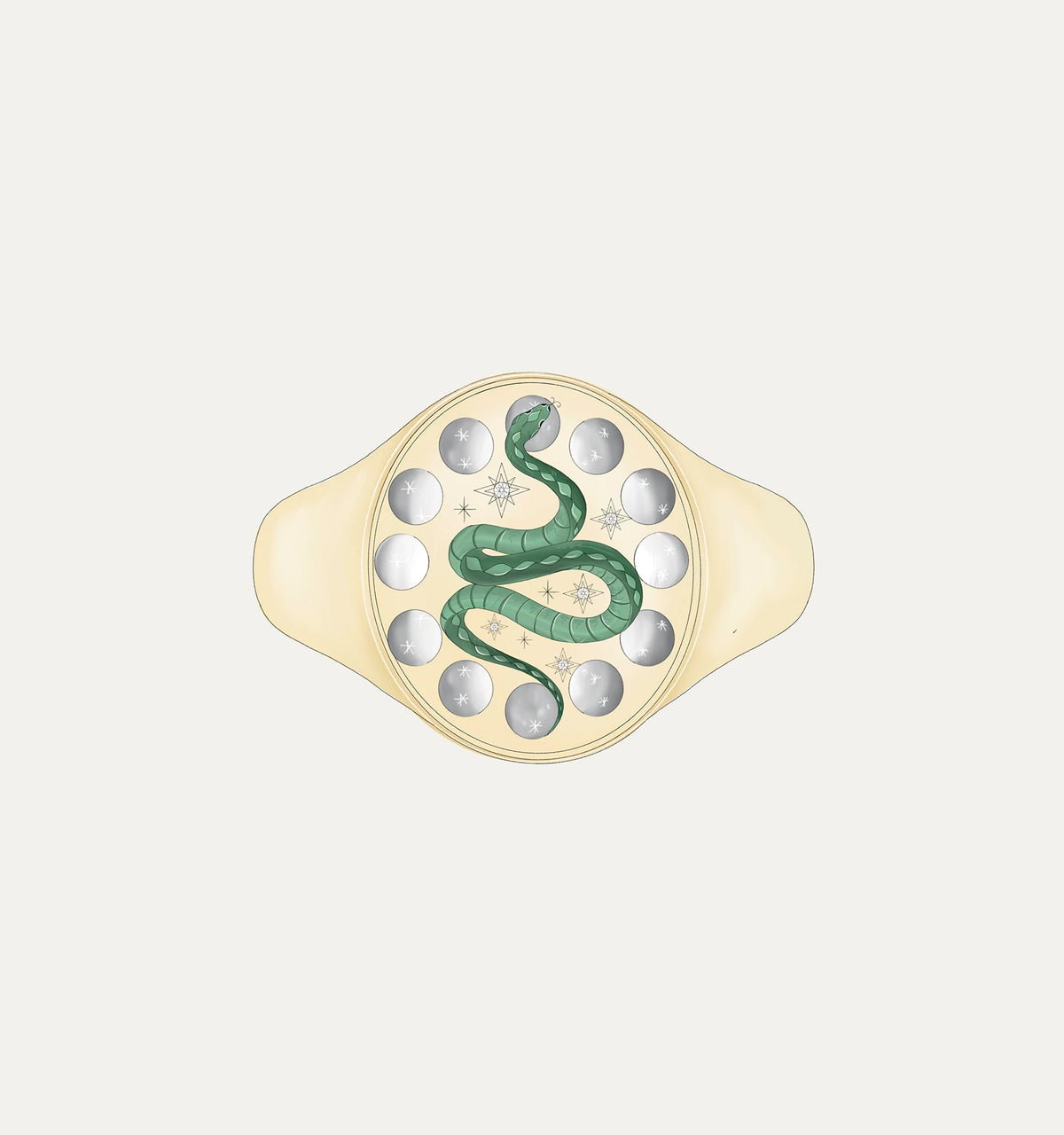 Gold bracelet featuring a green snake design and circular patterns on a smooth surface.