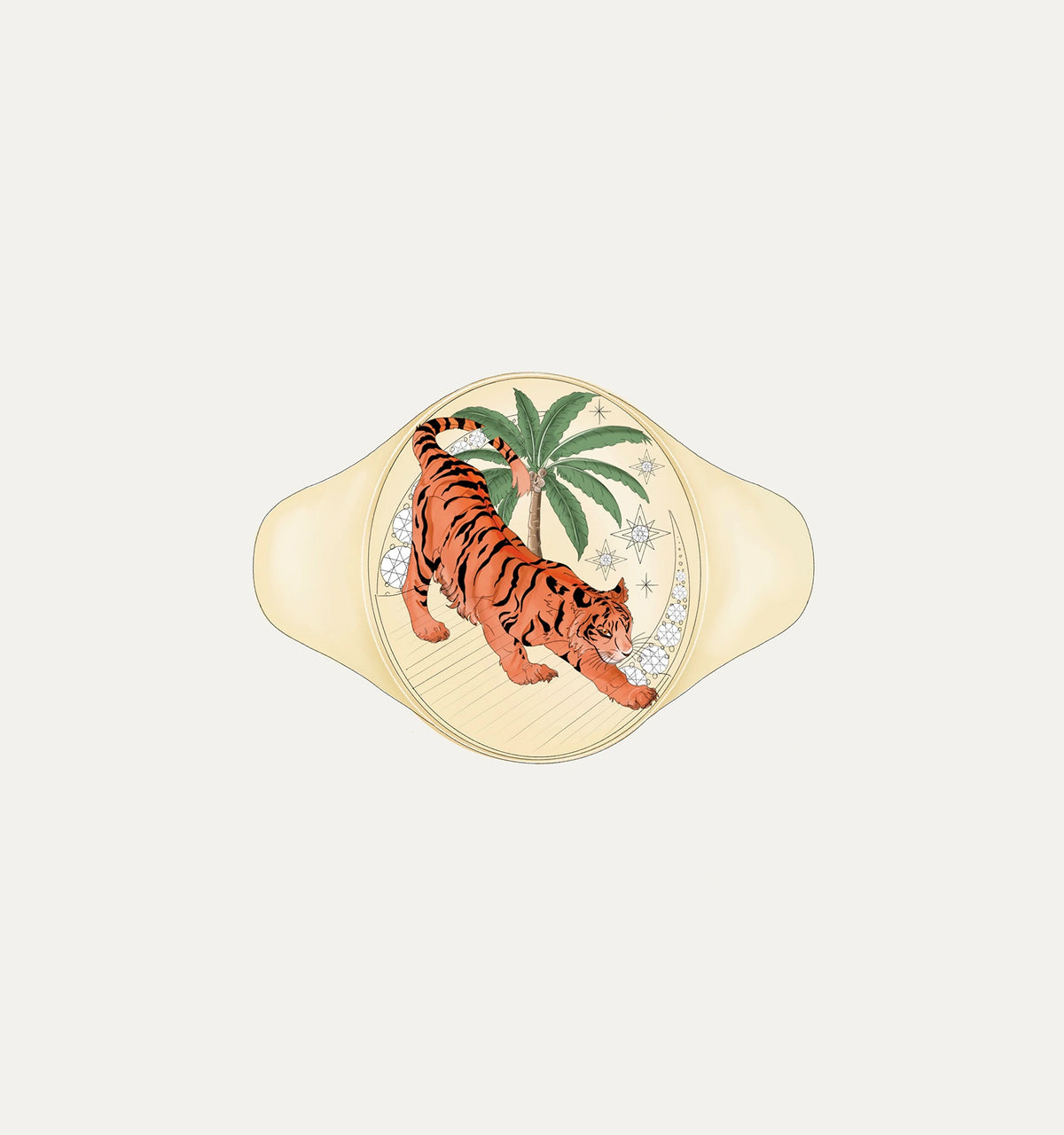 Gold cuff bracelet featuring a tiger design and palm trees in enamel accents.