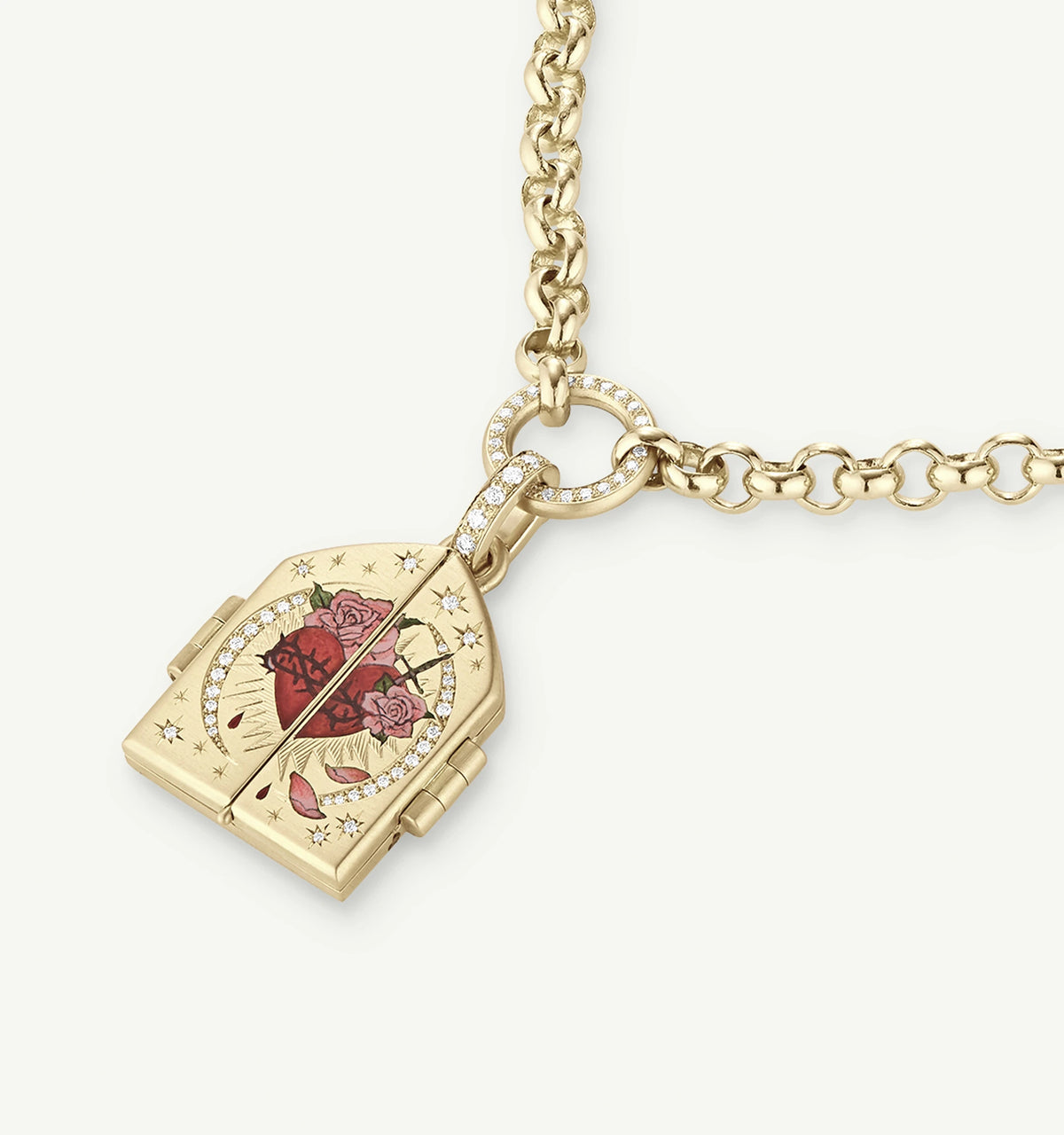 Gold locket necklace with a floral design and rose motif, featuring diamond accents and a textured chain.