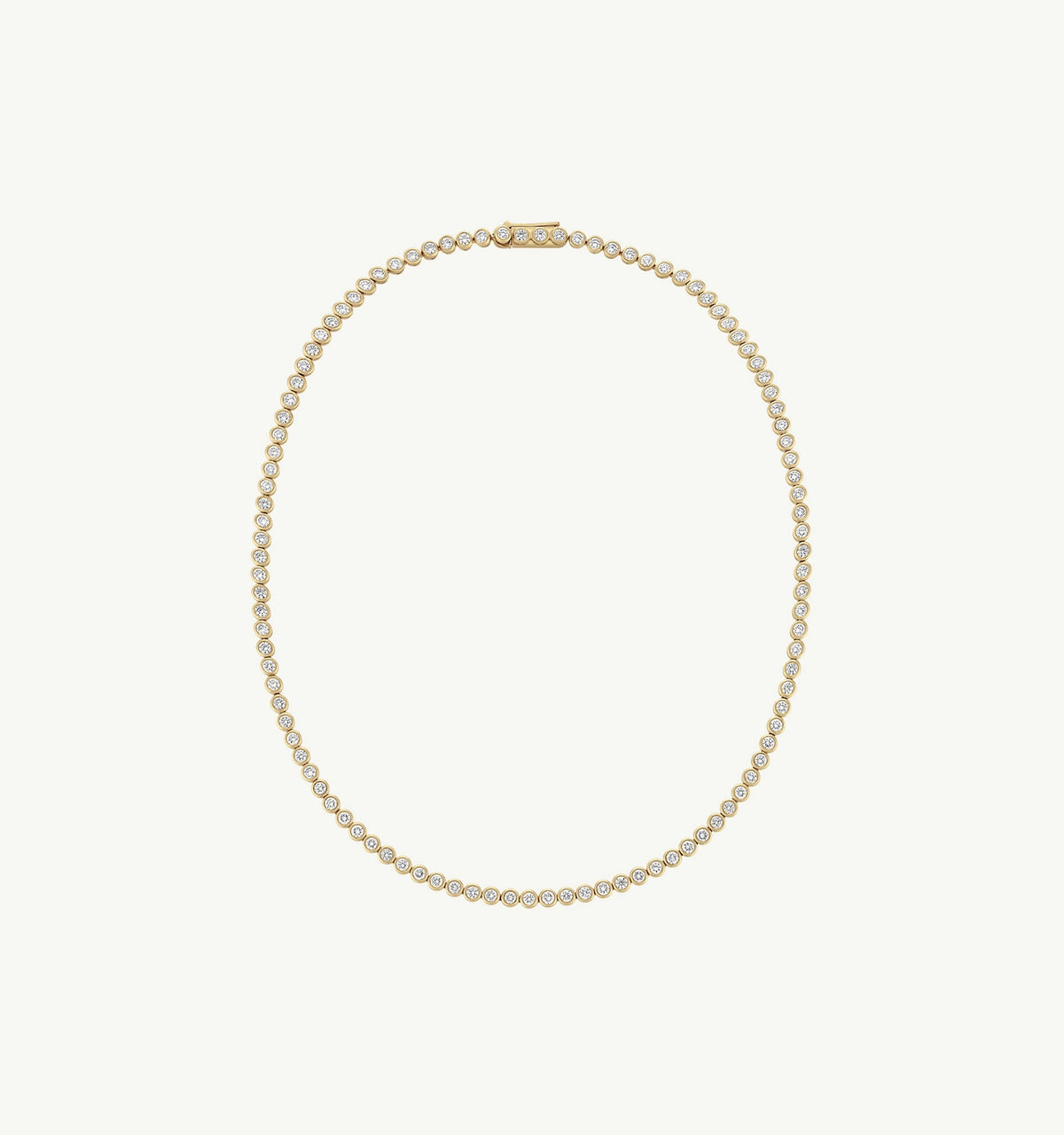 Gold necklace featuring multiple diamonds in a circular setting.