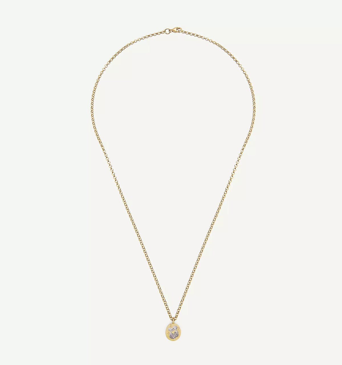 Gold necklace featuring an engraved pendant with floral design.