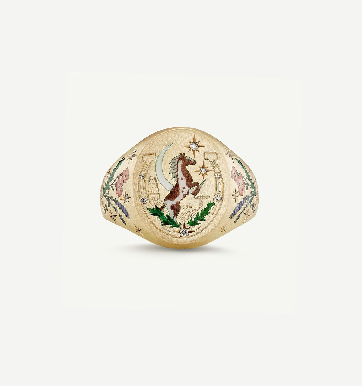 Gold ring featuring a colourful horse motif with floral designs and diamond accents.